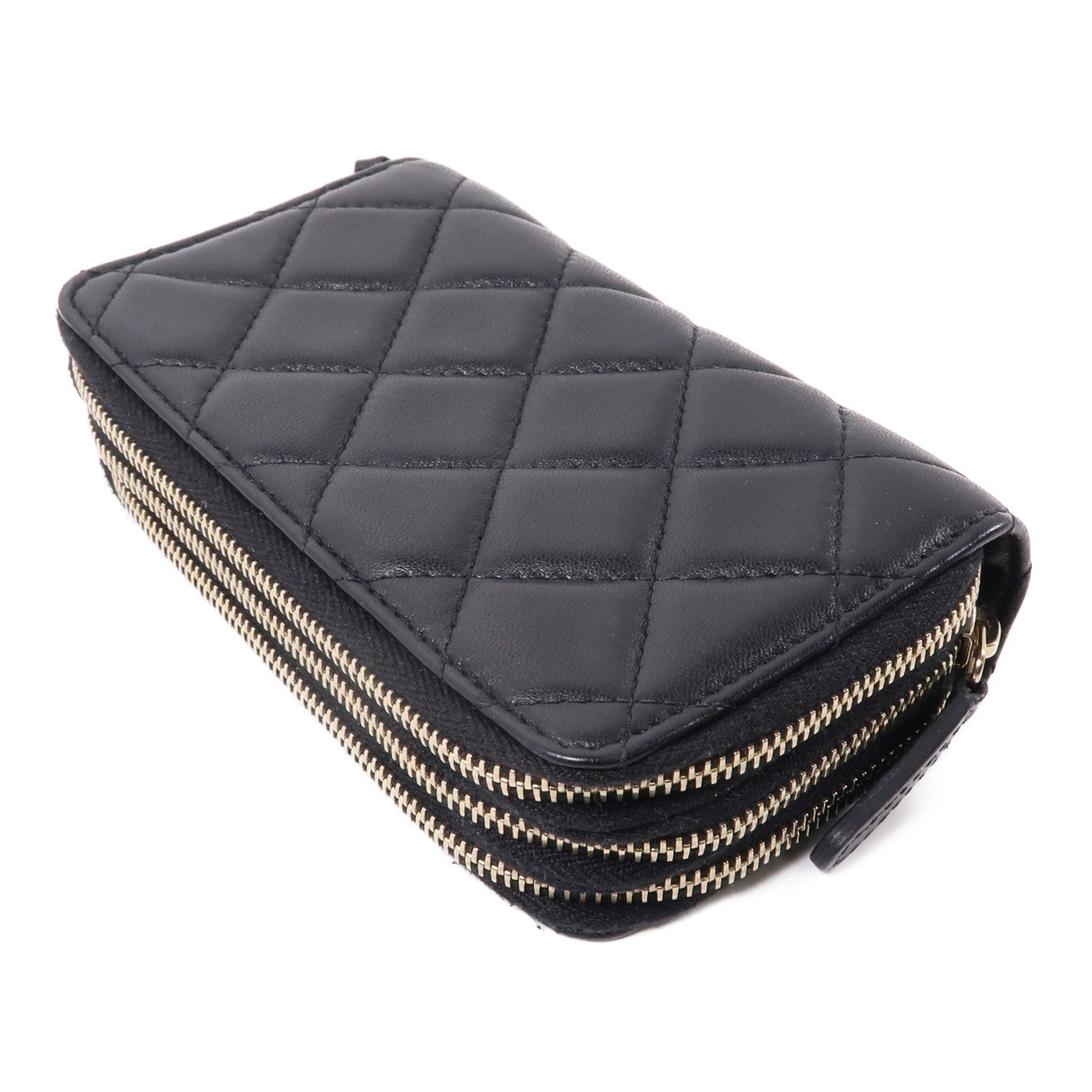 CHANEL 羊皮皮革Zipper Wallet金扣錢包黑色
