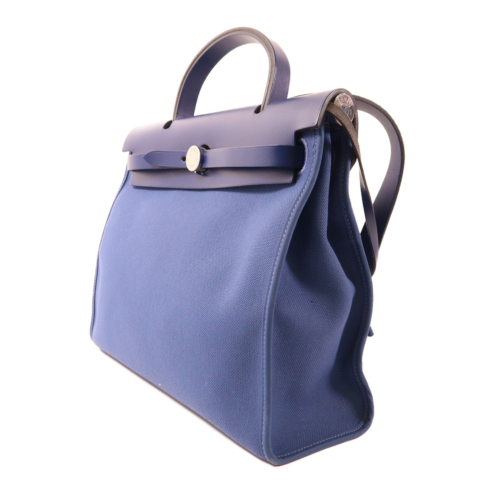 HERMES 【激減優惠】帆布Herbag PM銀扣手挽肩背兩用袋Bleu Brighton藍色
