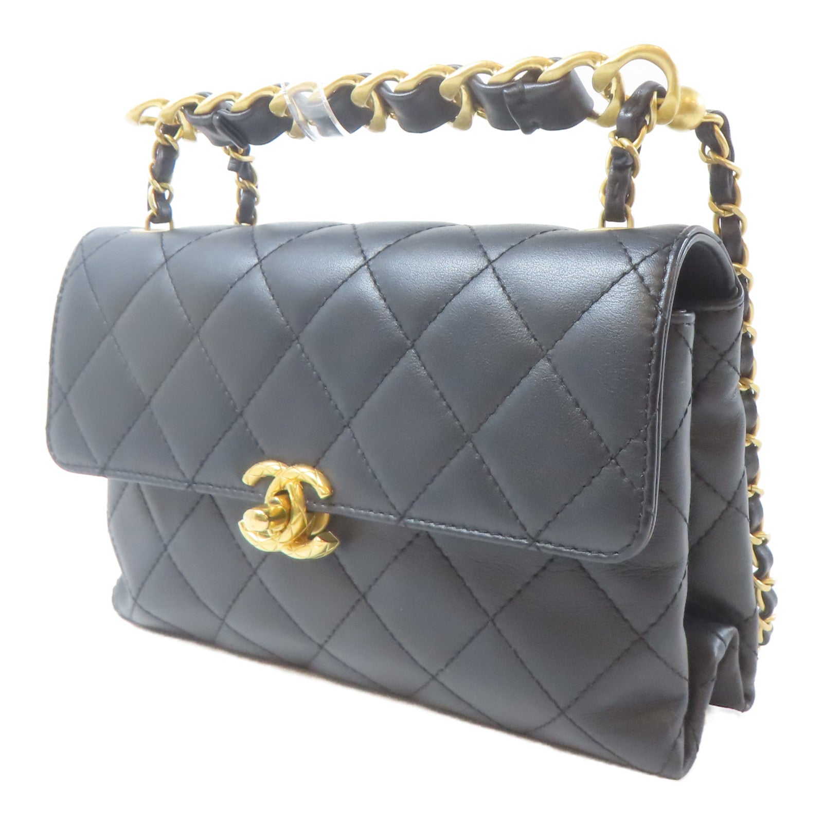 CHANEL 菱格羊皮皮革Handle Chain Flap金扣鏈帶手挽肩背兩用袋黑色