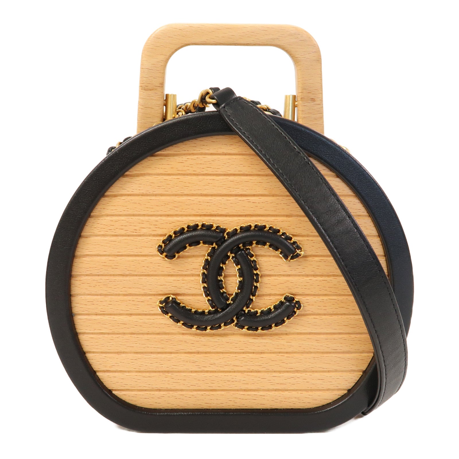 CHANEL 木製/皮革Small Vanity Case金扣手挽肩背兩用袋原木色/黑色