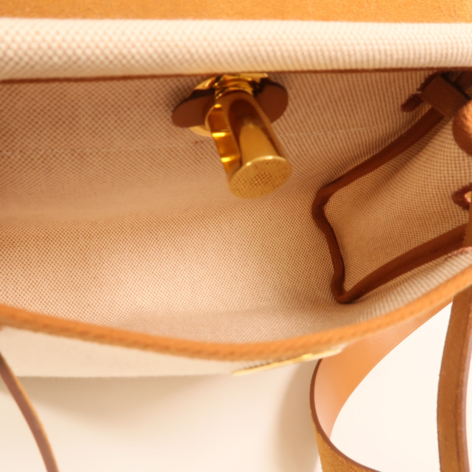HERMES 帆布Mini Herbag金扣肩背袋Beige/Gold
