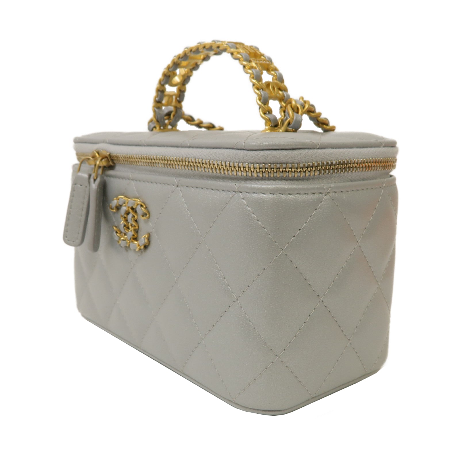 CHANEL 菱格羊皮皮革Chain Shoulder Bag金扣手挽肩背兩用袋金屬灰