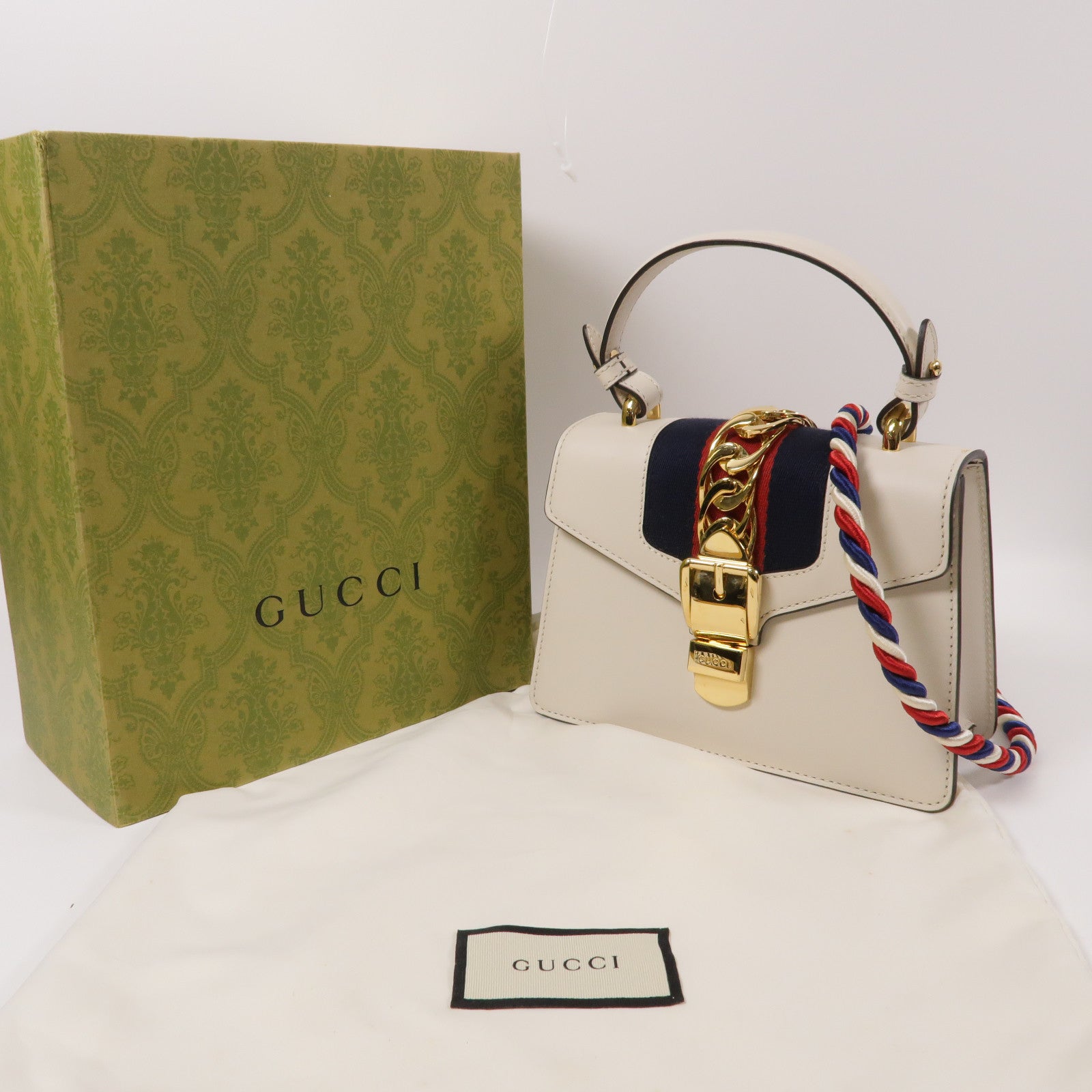 GUCCI 牛皮皮革Sylvie金扣手挽肩背兩用袋白色
