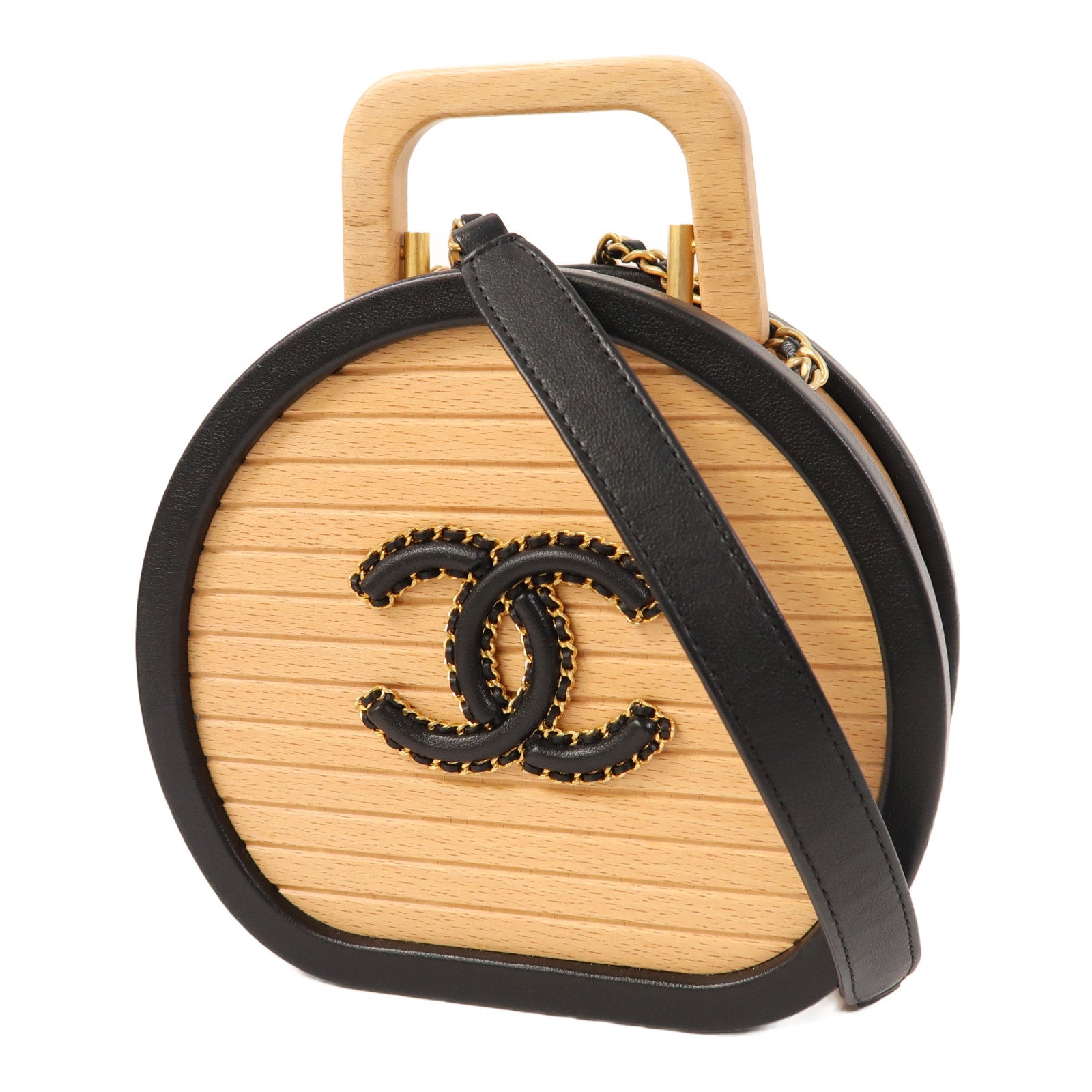 CHANEL 木製/皮革Small Vanity Case金扣手挽肩背兩用袋原木色/黑色