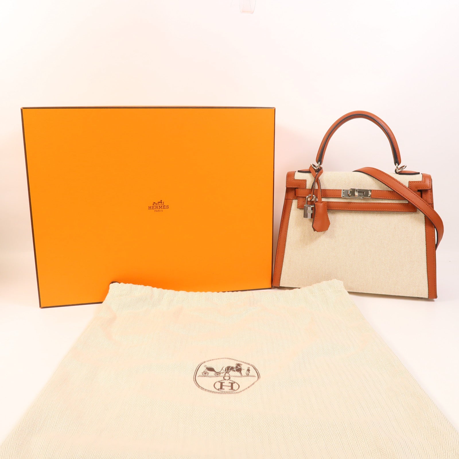 HERMES Toile H帆布/Swift皮革Kelly 25銀扣手挽肩背兩用袋Cuivre