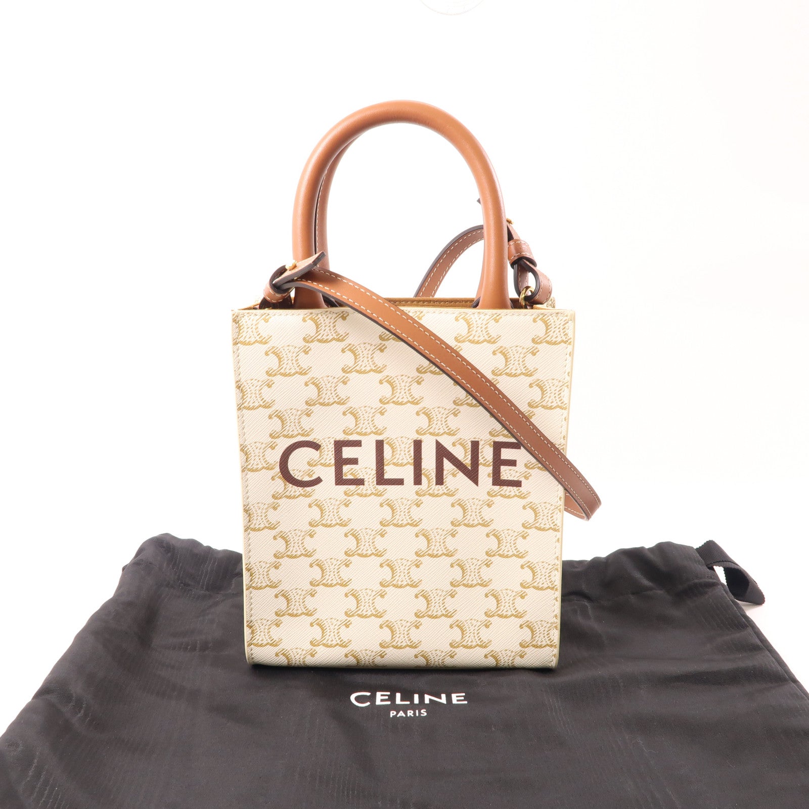 CELINE 塗層帆布Mini Vertical Cabas金扣手挽肩背兩用袋白色/棕色