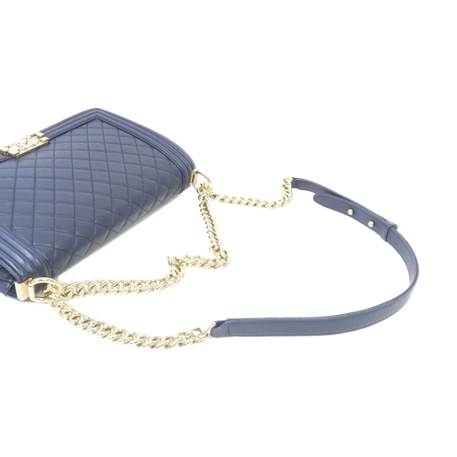CHANEL 【激減優惠】菱格羊皮皮革Boy 28金扣鏈帶肩背袋藍色