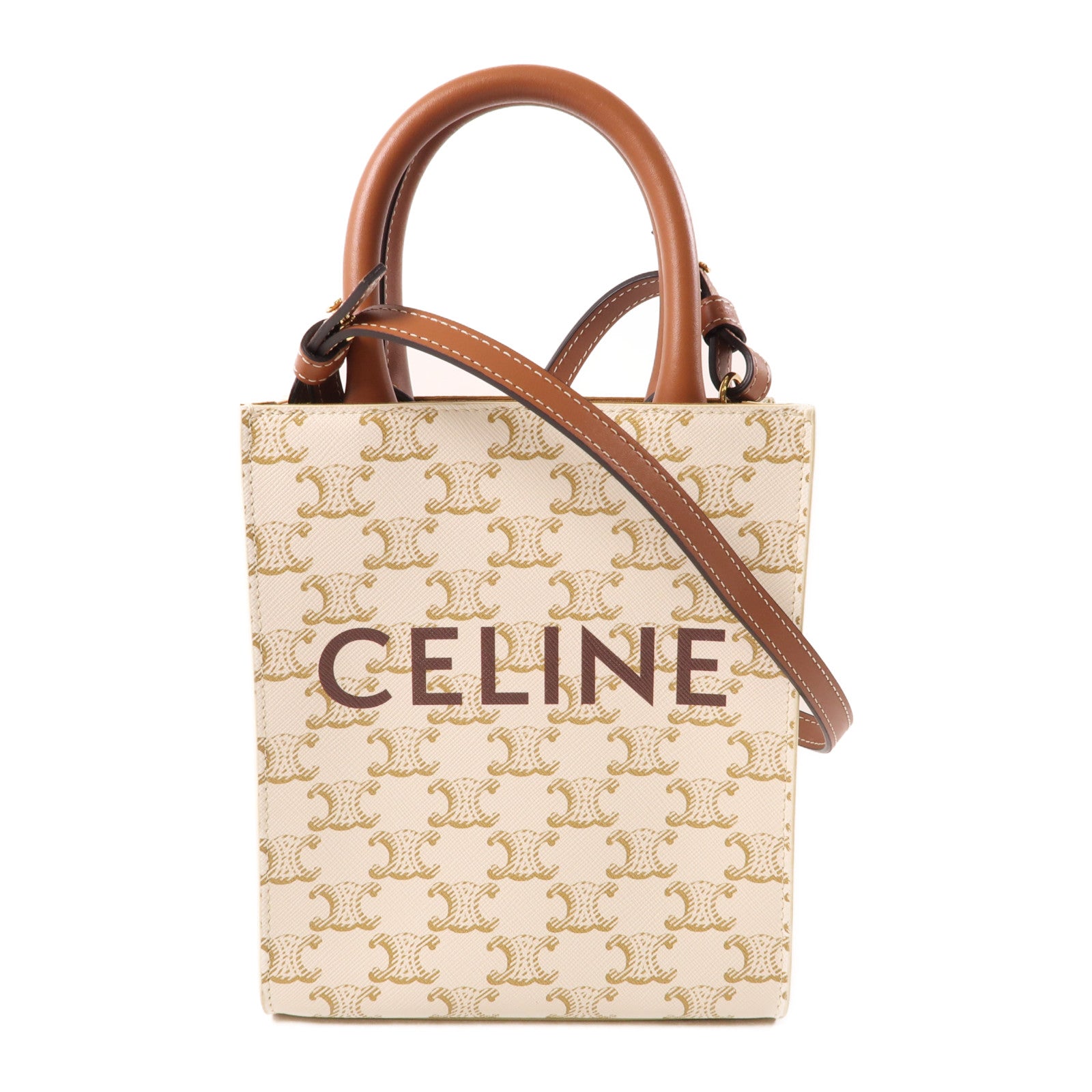 CELINE 塗層帆布Mini Vertical Cabas金扣手挽肩背兩用袋白色/棕色
