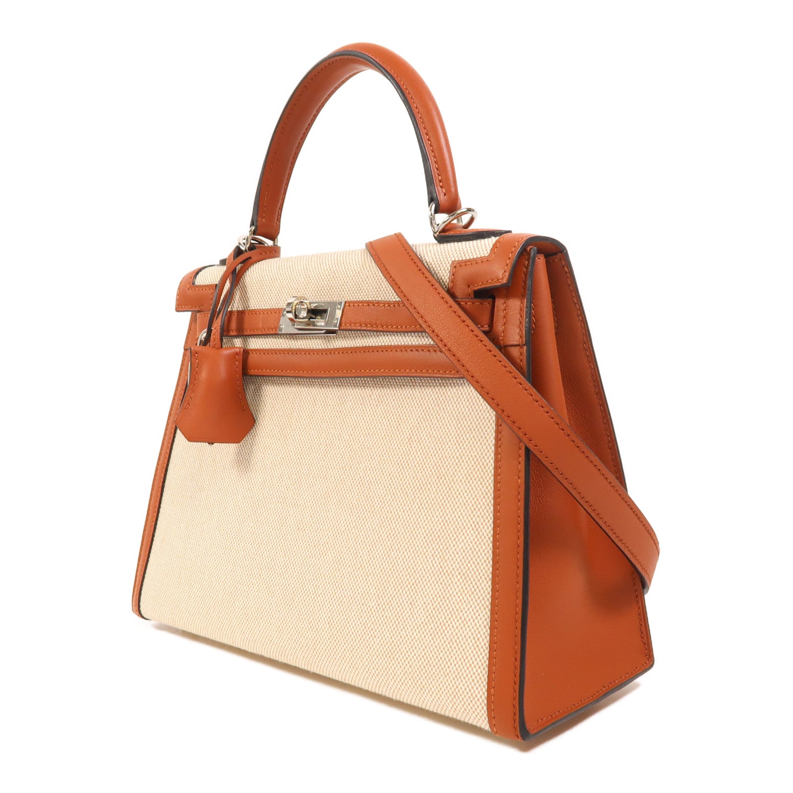 HERMES Toile H帆布/Swift皮革Kelly 25銀扣手挽肩背兩用袋Cuivre