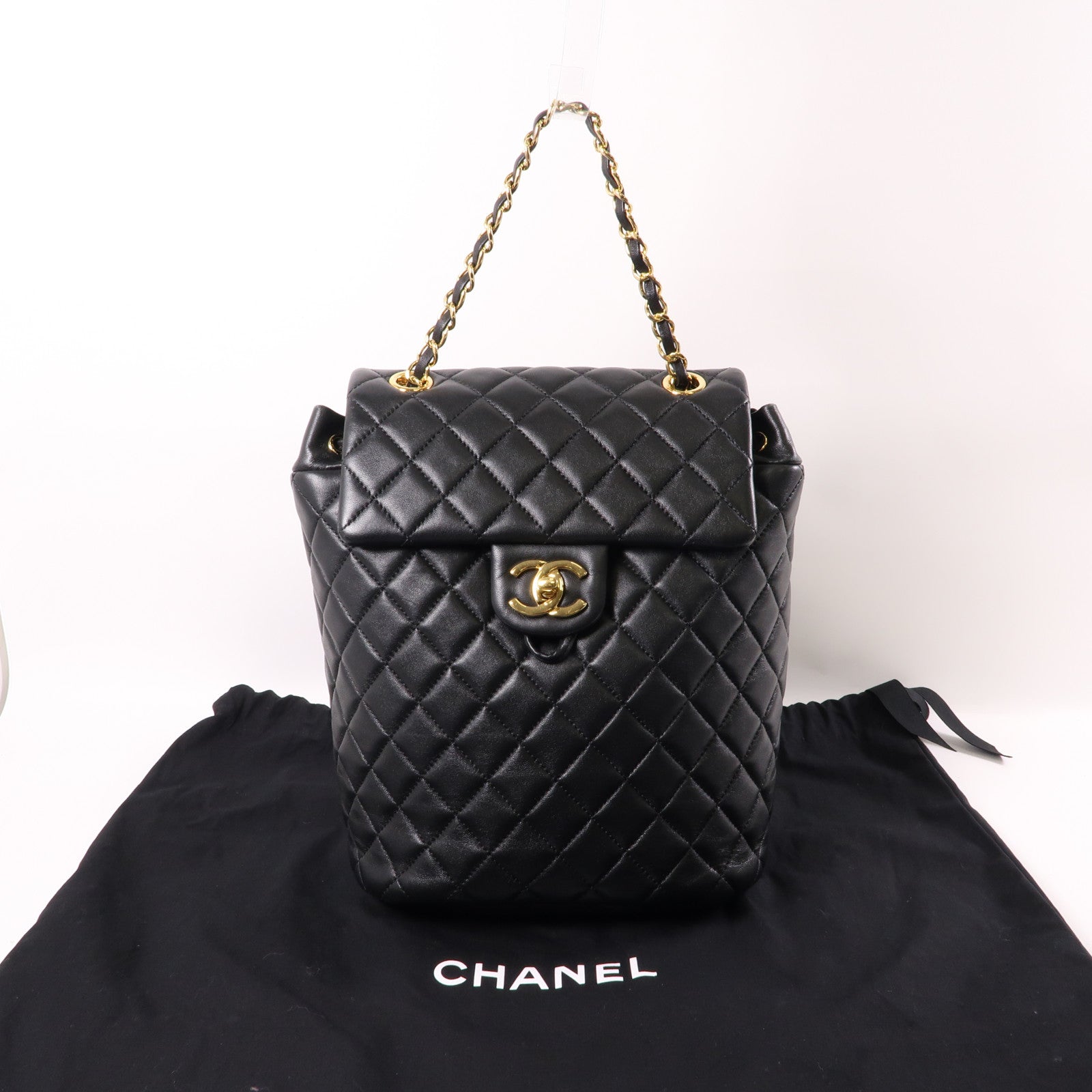 CHANEL 羊皮皮革Backpack金扣背包黑色