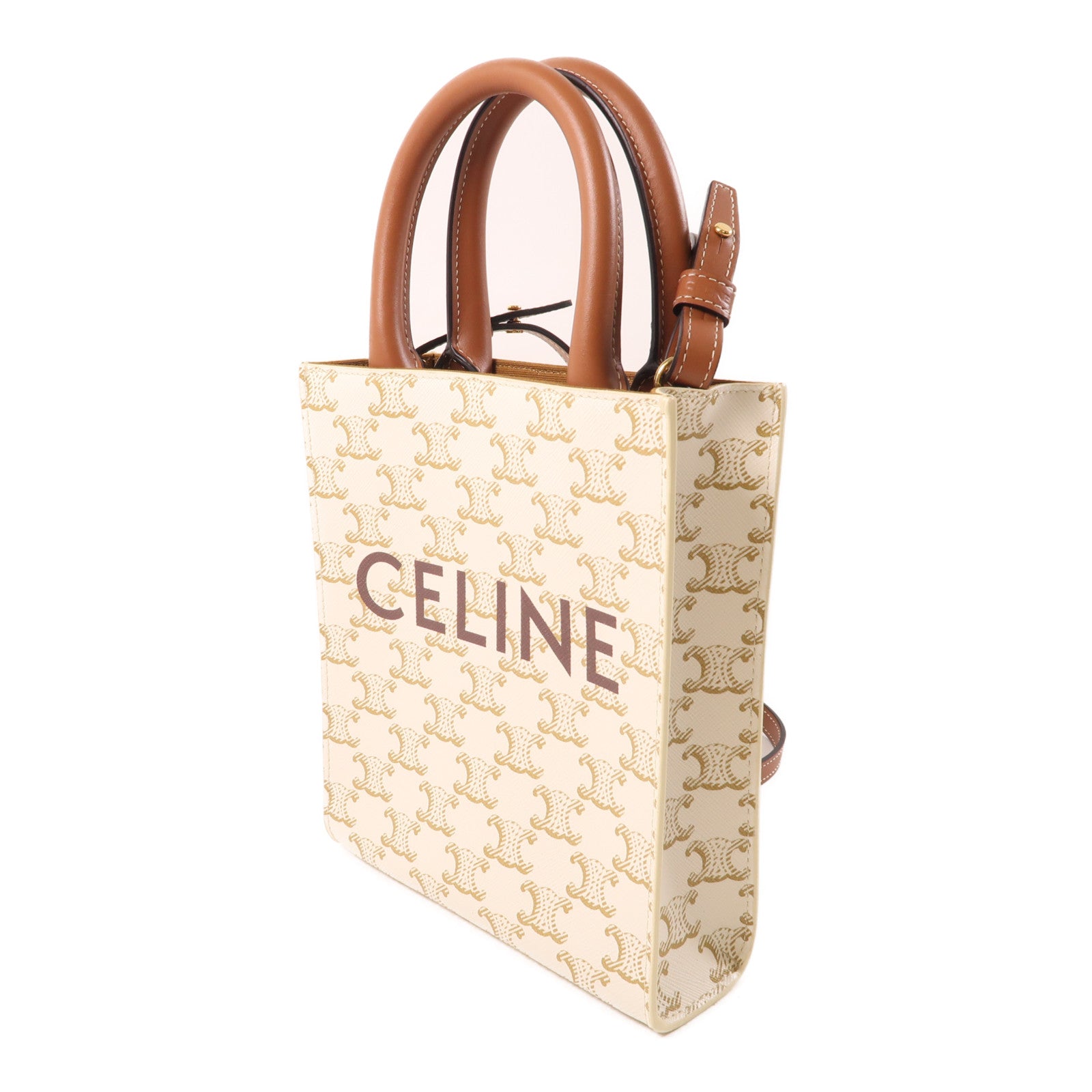 CELINE 塗層帆布Mini Vertical Cabas金扣手挽肩背兩用袋白色/棕色