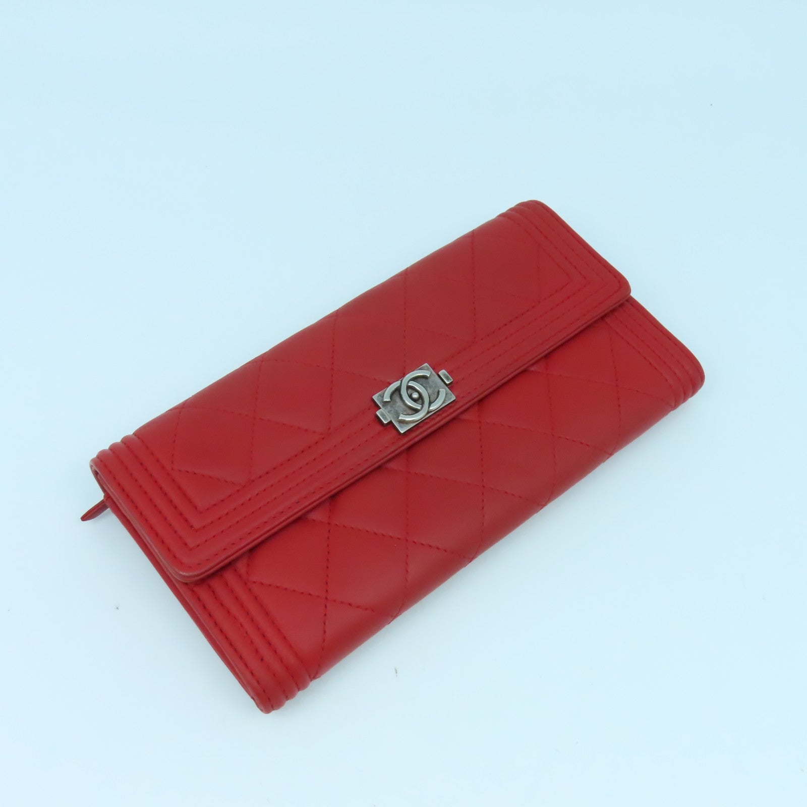 CHANEL 【清倉大減價】菱格牛皮皮革Boy Long Wallet銀扣長錢包紅色