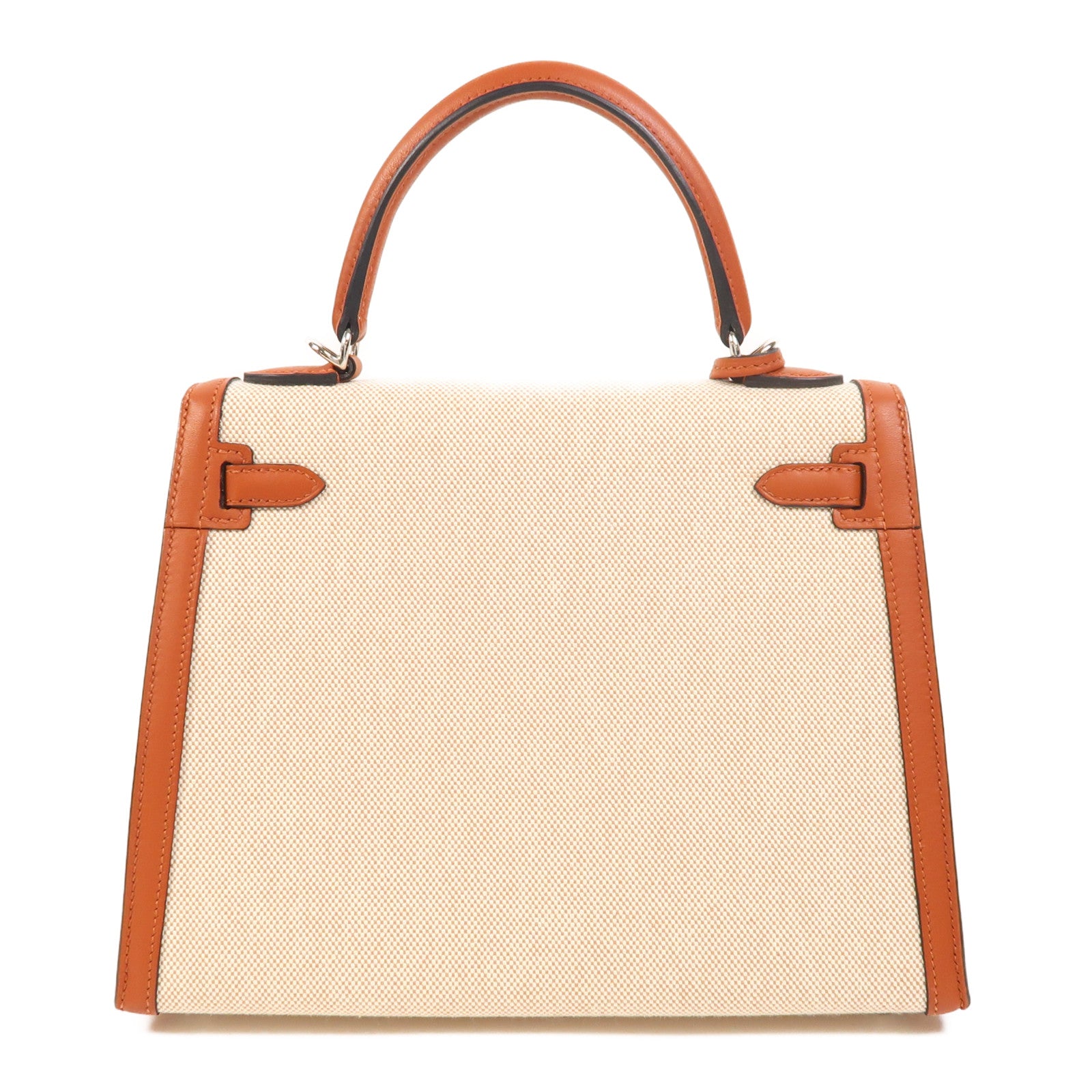 HERMES Toile H帆布/Swift皮革Kelly 25銀扣手挽肩背兩用袋Cuivre