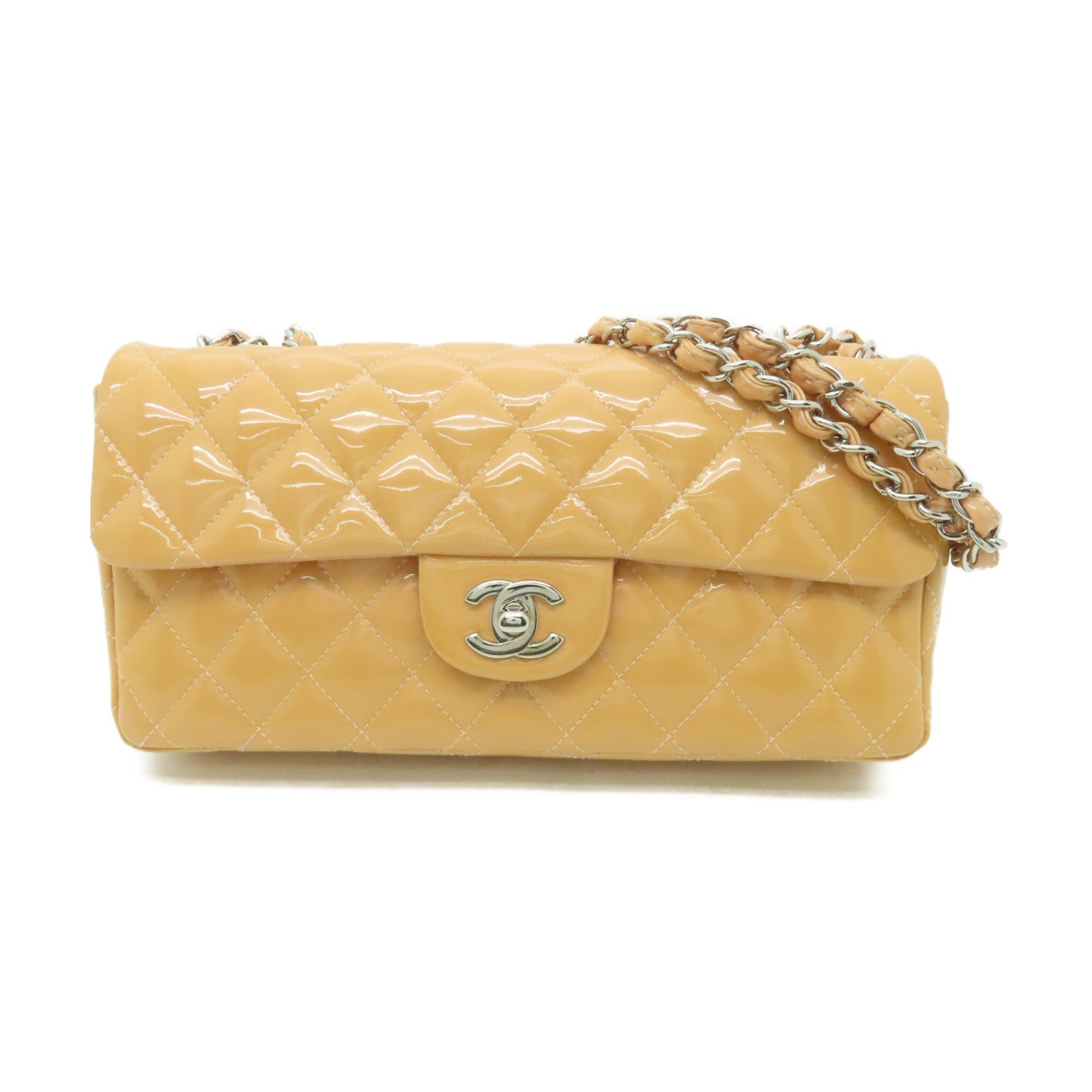 CHANEL 【清倉大減價】菱格漆皮皮革Chain Shoulder銀扣鏈帶肩背袋米色