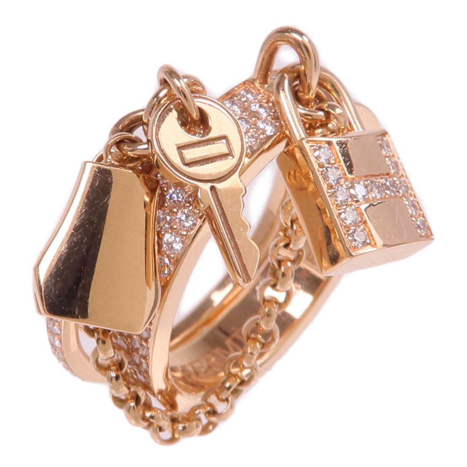 HERMES 18K玫瑰金Kelly Cadenas Double Ring鑽石戒指Hermes#53/US#6.5