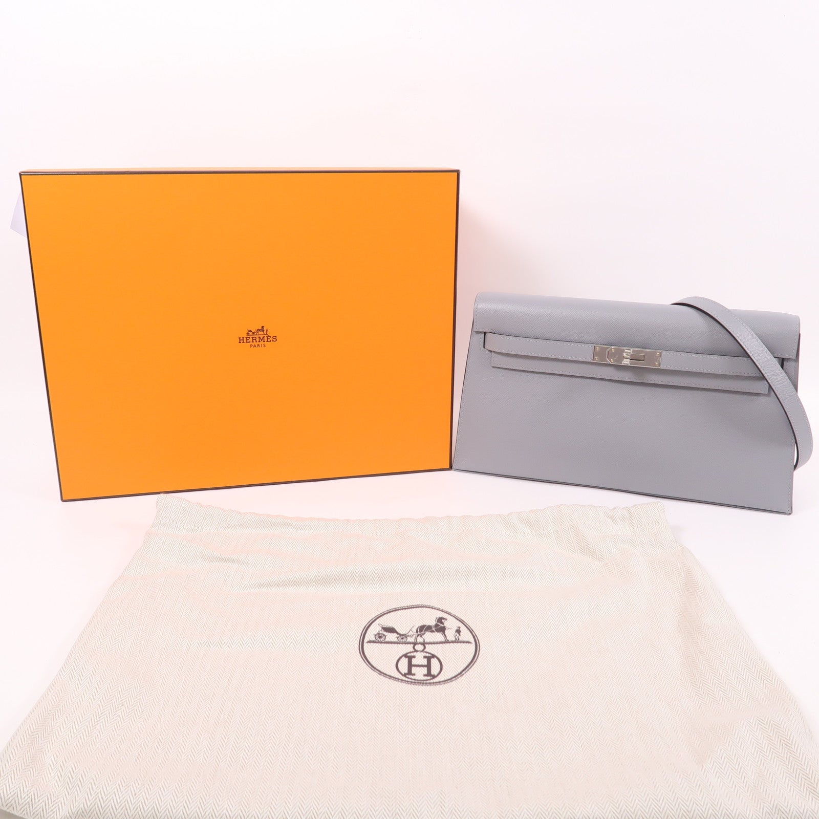 HERMES Madame皮革Kelly Elan銀扣肩背袋Gris Pantin