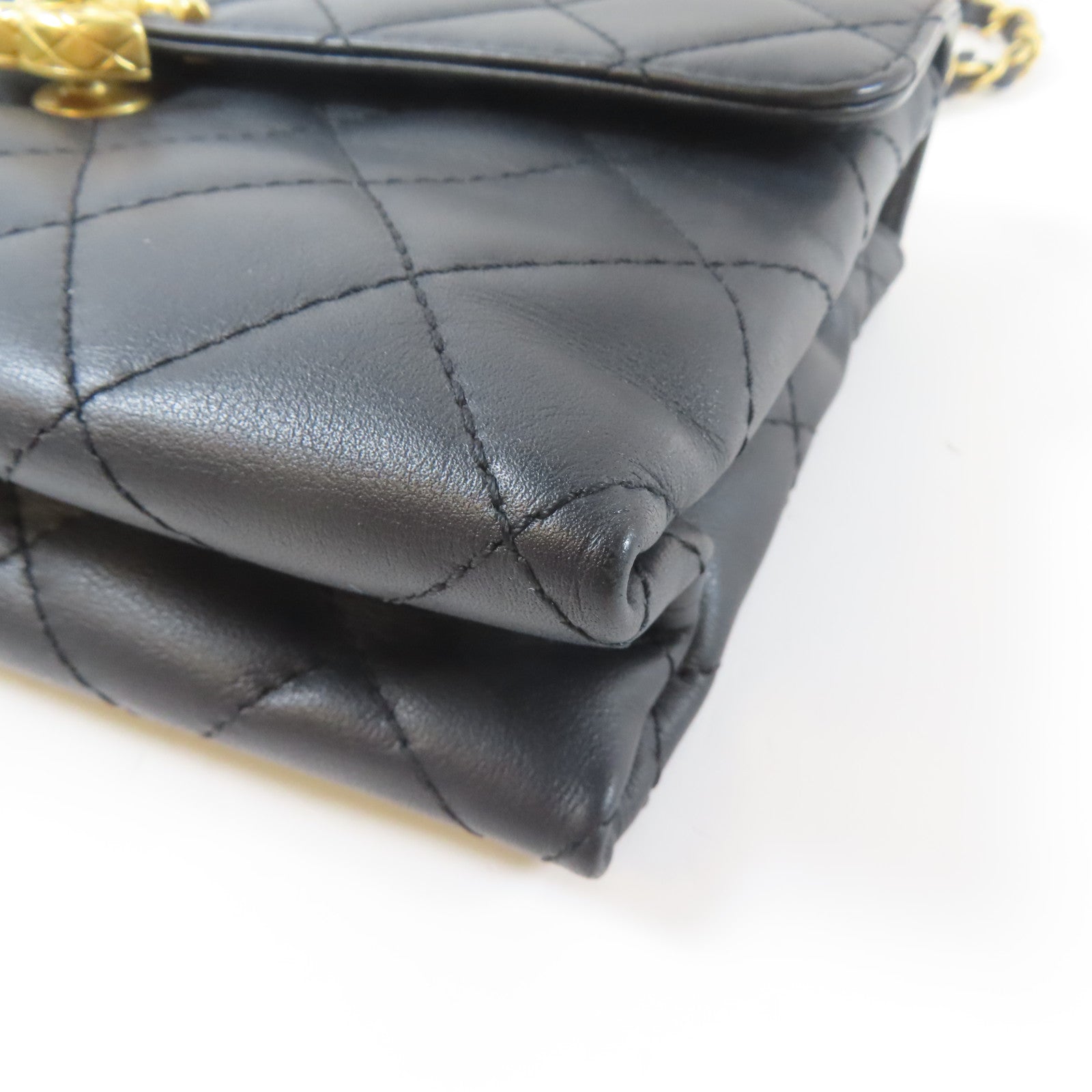 CHANEL 菱格羊皮皮革Handle Chain Flap金扣鏈帶手挽肩背兩用袋黑色