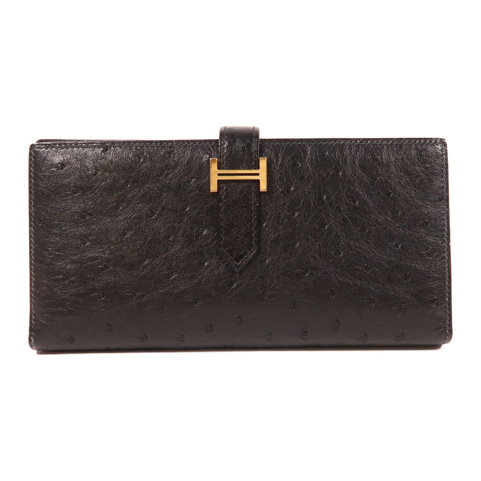 HERMES 鴕鳥皮革Portefeuille Bearn Souffle金扣長錢包Noir黑色