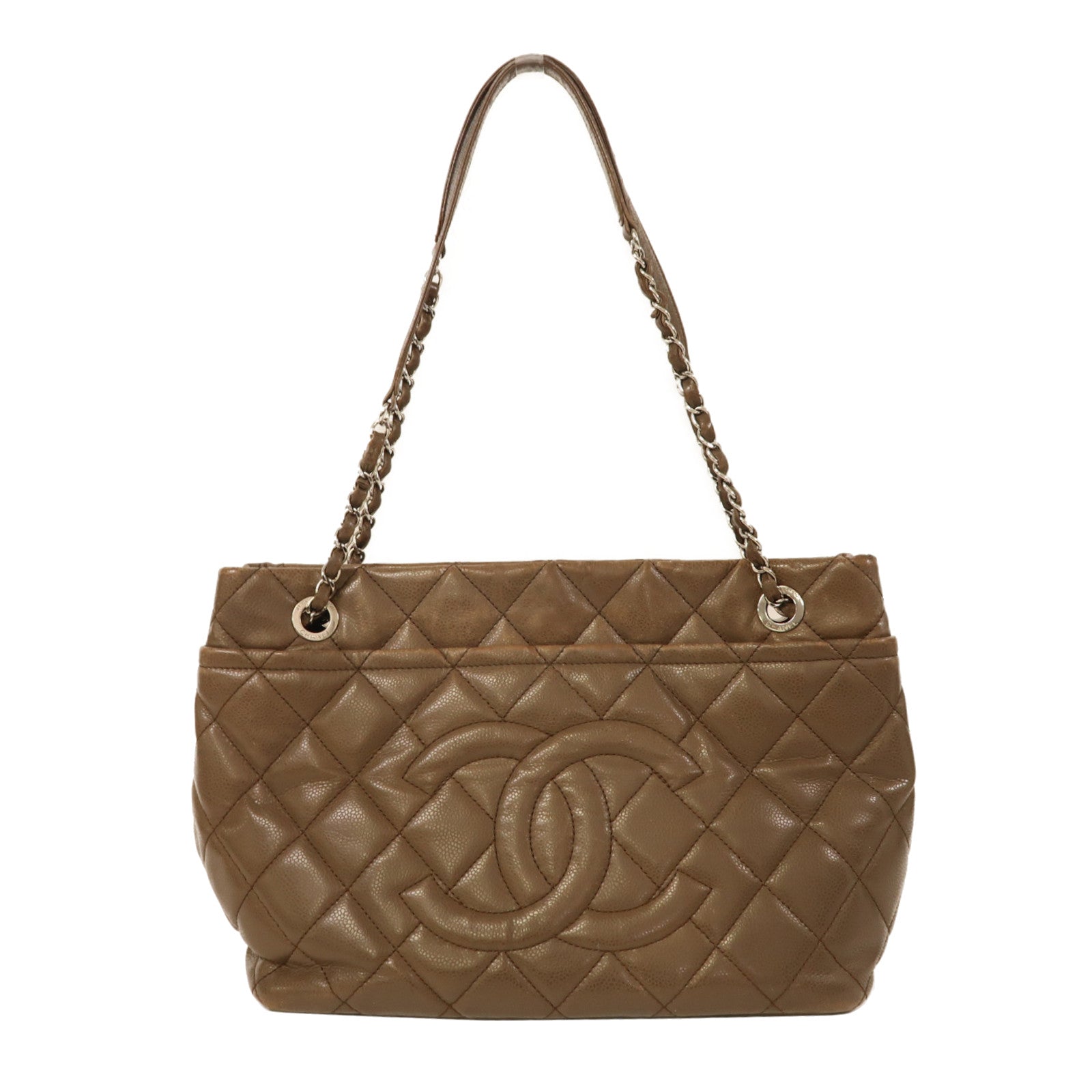 CHANEL 牛皮皮革Chain Shoulder銀扣肩背袋啡色