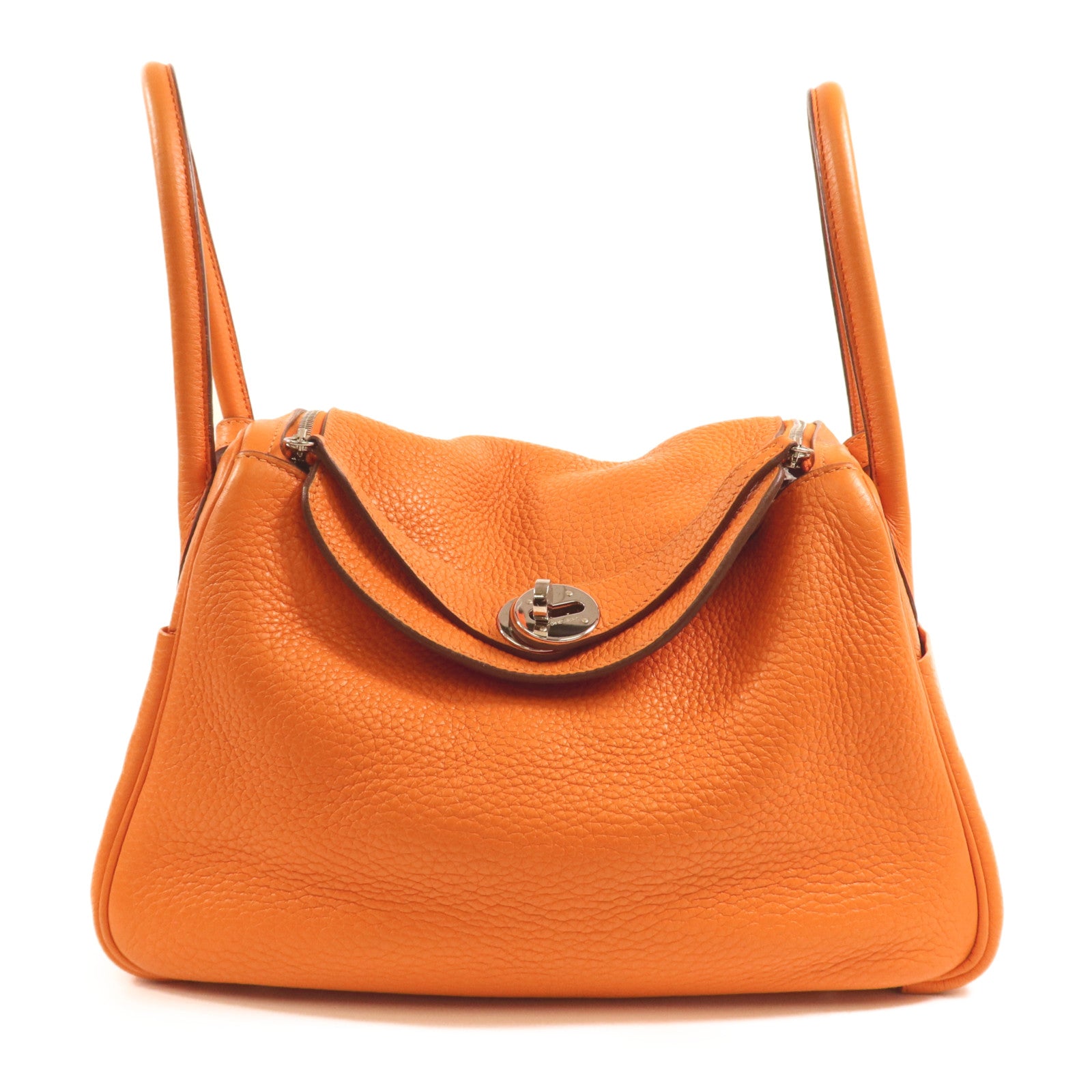 HERMES Clemence皮革Lindy 26銀扣手挽肩背兩用袋Orange
