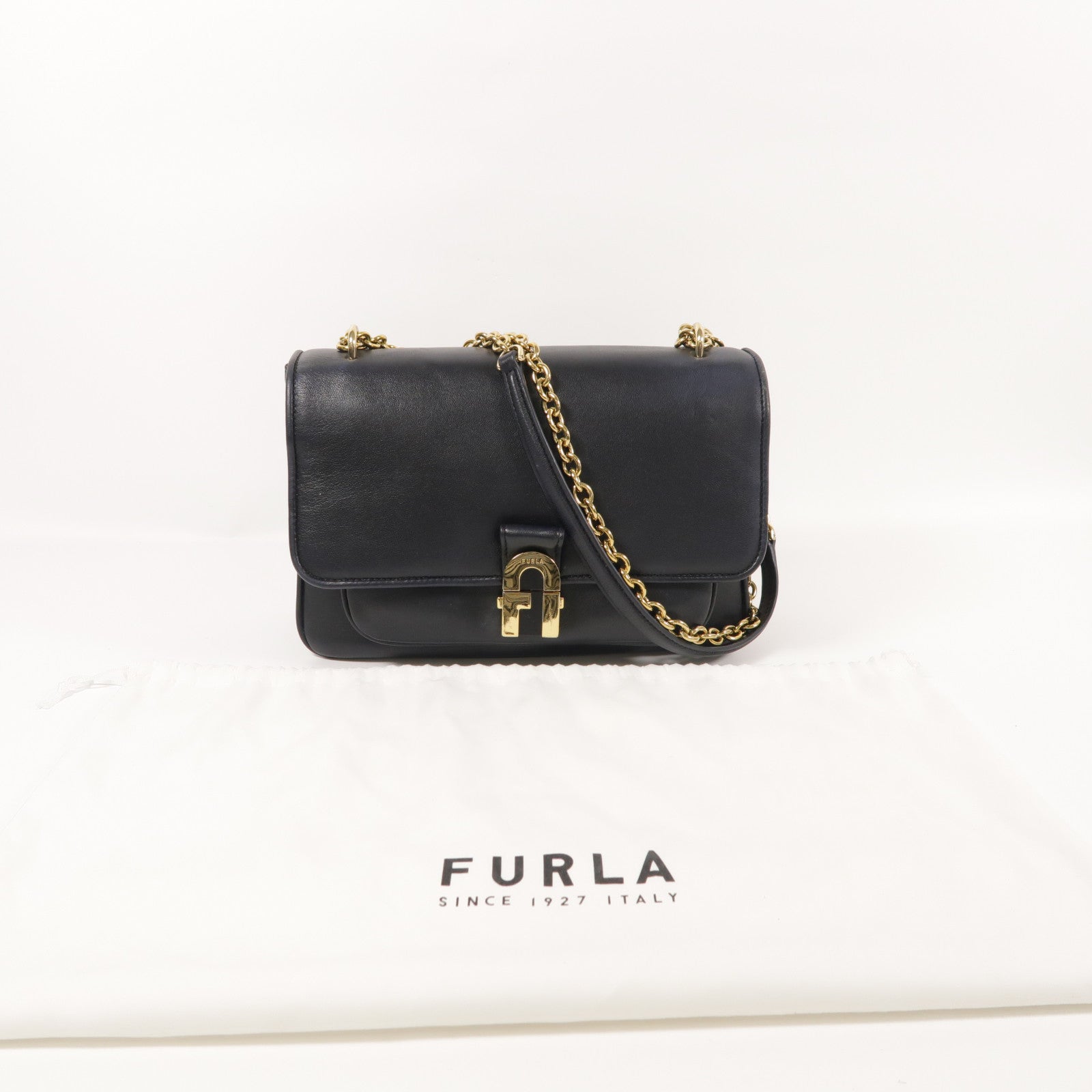 Furla 牛皮皮革Chain Shoulder金扣鏈帶肩背袋
