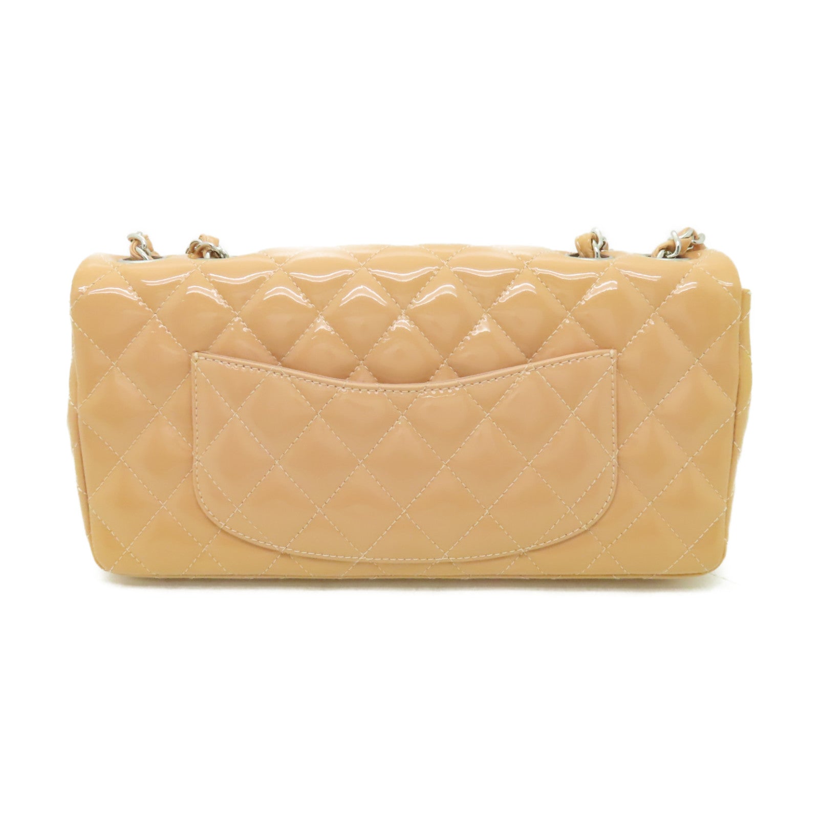 CHANEL 【清倉大減價】菱格漆皮皮革Chain Shoulder銀扣鏈帶肩背袋米色