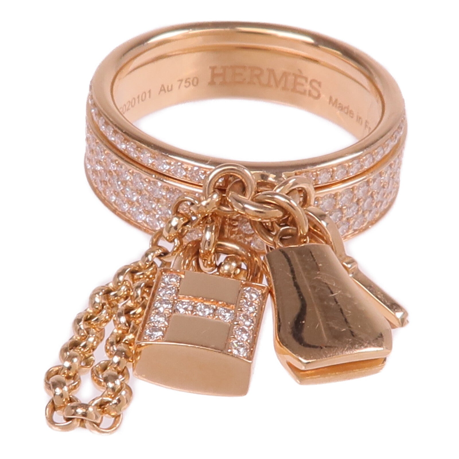 HERMES 18K玫瑰金Kelly Cadenas Double Ring鑽石戒指Hermes#53/US#6.5