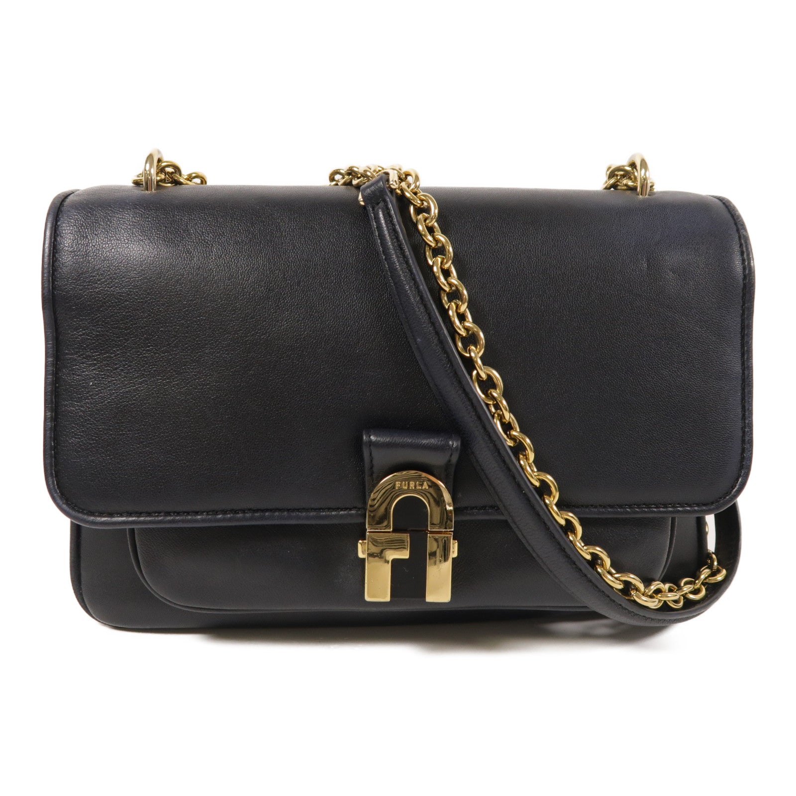 Furla GHW Chain Shoulder Bag Calfskin Leather Black