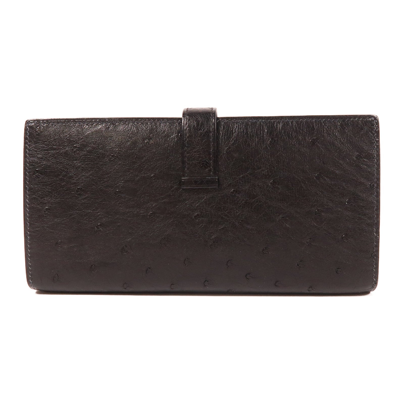 HERMES 鴕鳥皮革Portefeuille Bearn Souffle金扣長錢包Noir黑色