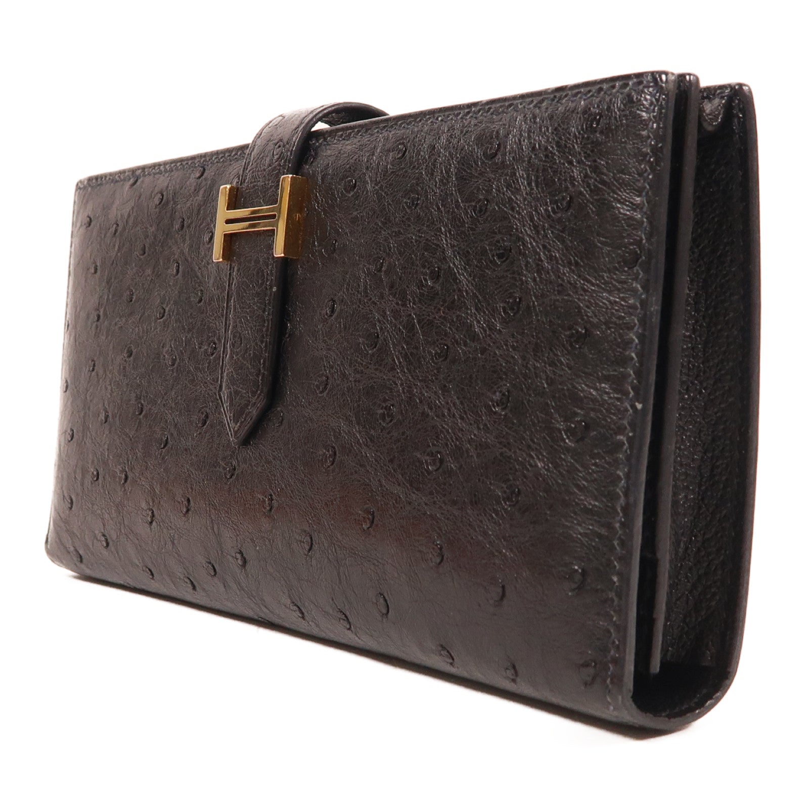 HERMES 鴕鳥皮革Portefeuille Bearn Souffle金扣長錢包Noir黑色