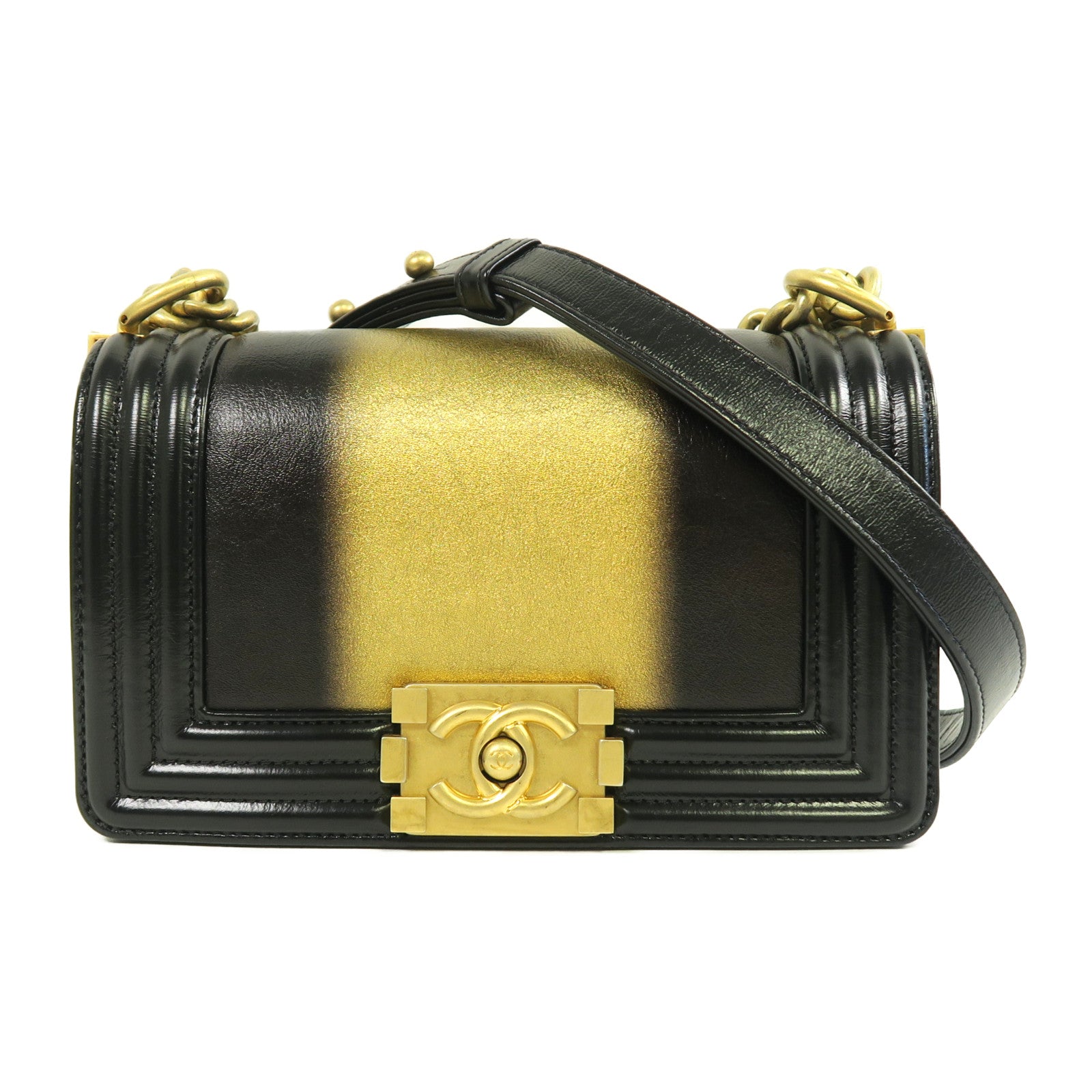 CHANEL 【激減優惠】牛皮皮革Boy Chanel 20cm金扣鏈帶肩背袋黑色/金色