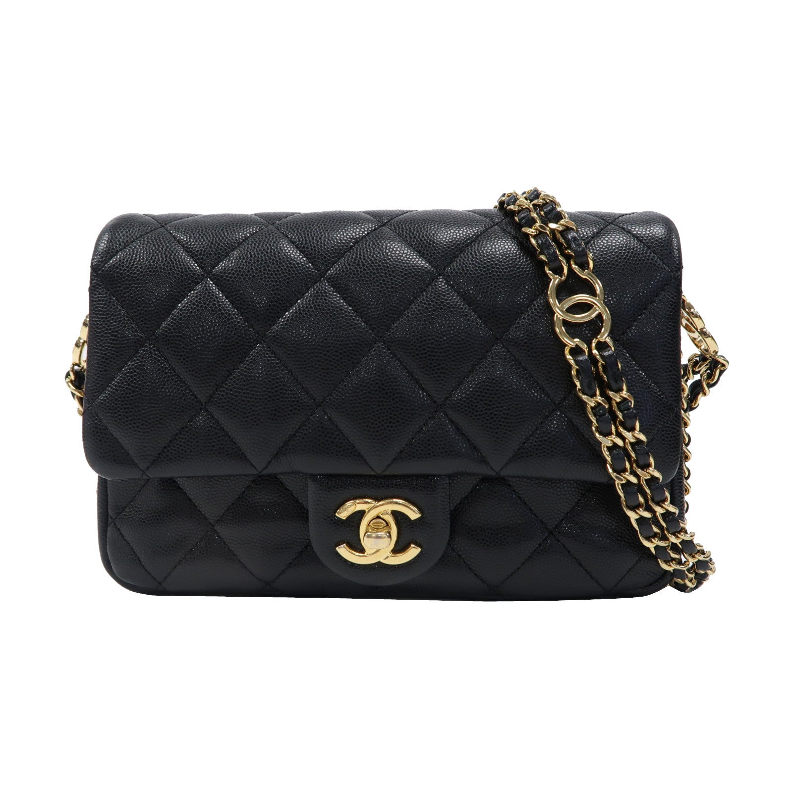CHANEL 菱格牛皮皮革Mini Flap Bag金扣鏈帶肩背袋黑色