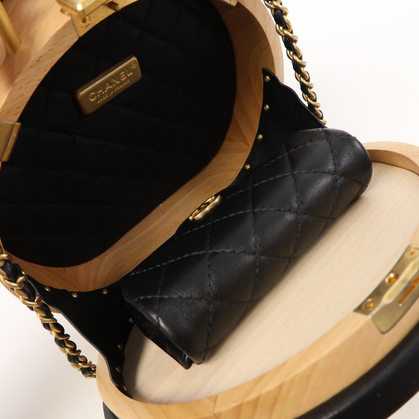 CHANEL 木製/皮革Small Vanity Case金扣手挽肩背兩用袋原木色/黑色