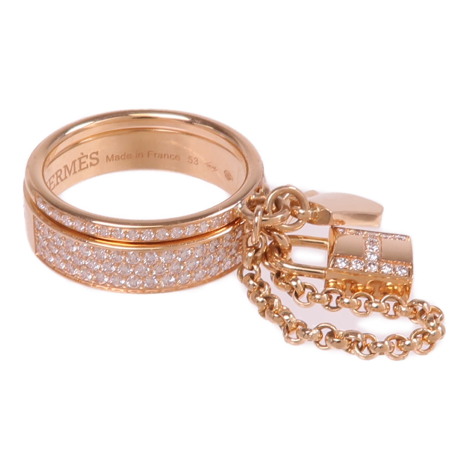 HERMES 18K玫瑰金Kelly Cadenas Double Ring鑽石戒指Hermes#53/US#6.5