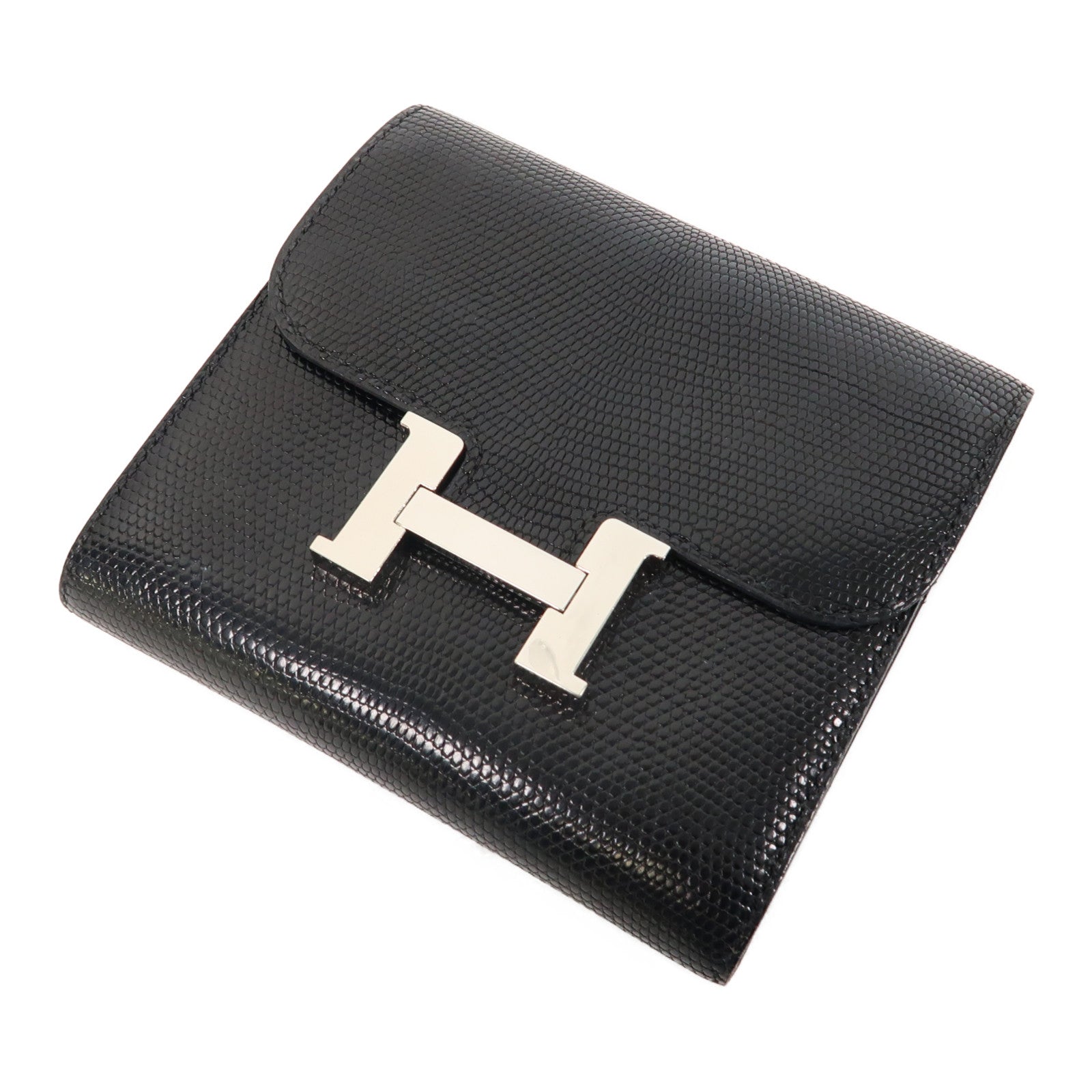 HERMES 【激減優惠】蜥蝪皮革Constance Wallet銀扣錢包黑色