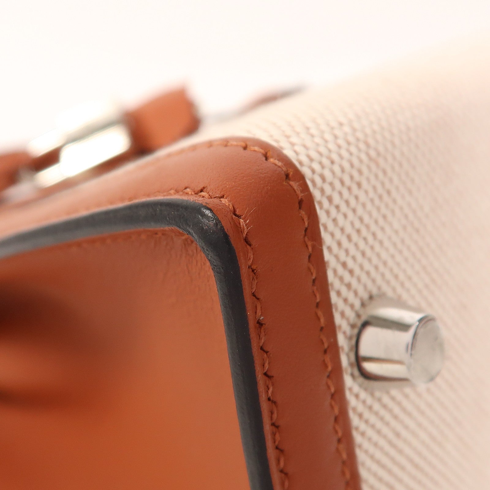 HERMES Toile H帆布/Swift皮革Kelly 25銀扣手挽肩背兩用袋Cuivre