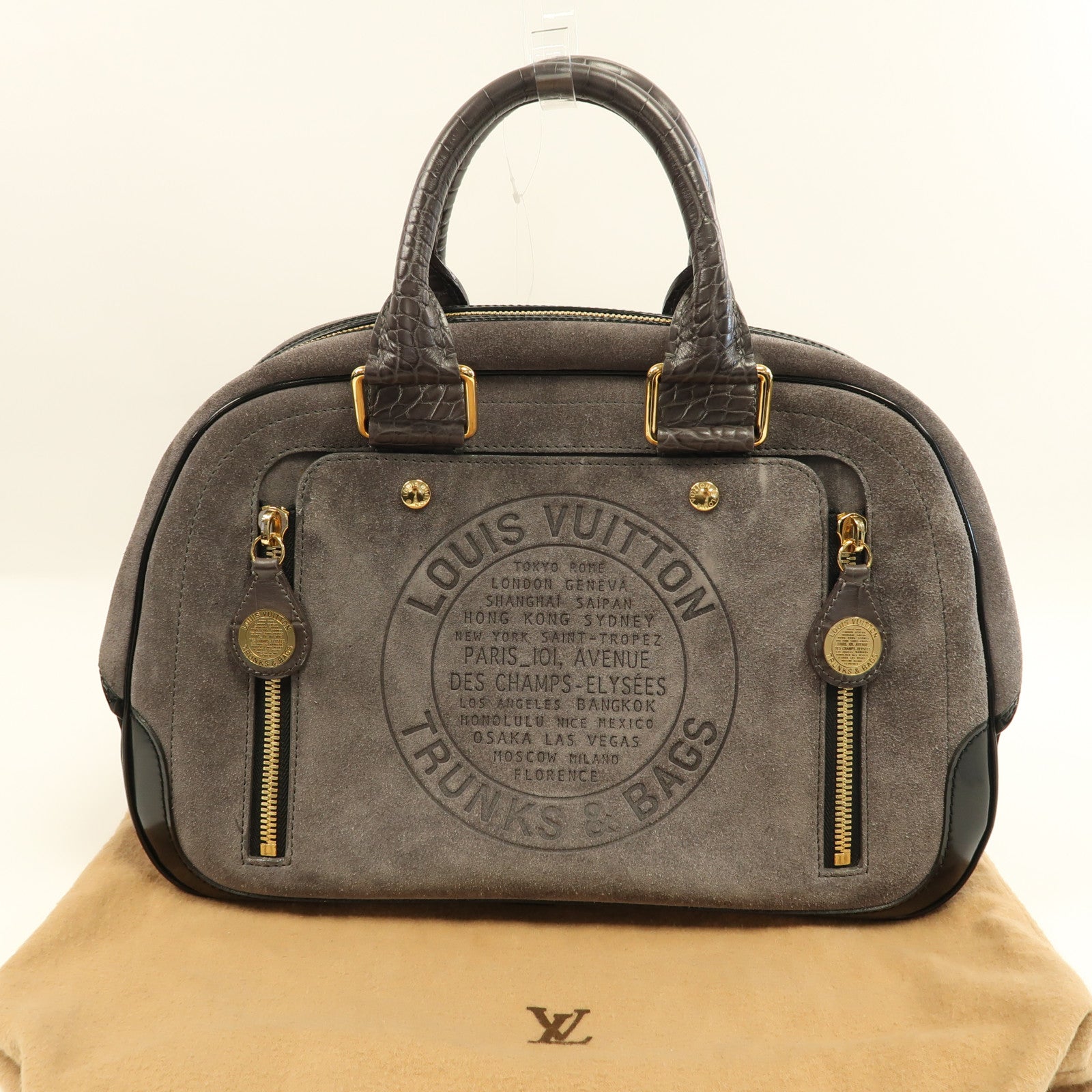 LOUIS VUITTON 絨面皮革Cruise Stamp Bag金扣手挽袋灰色
