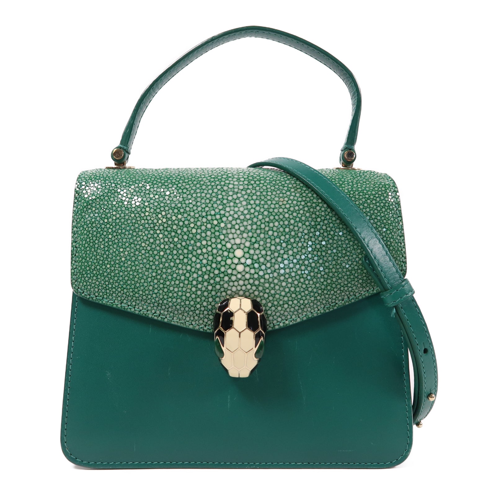 BVLGARI 【激減優惠】牛皮皮革/魔鬼魚皮革Serpenti Forever金扣手挽肩背兩用袋綠色