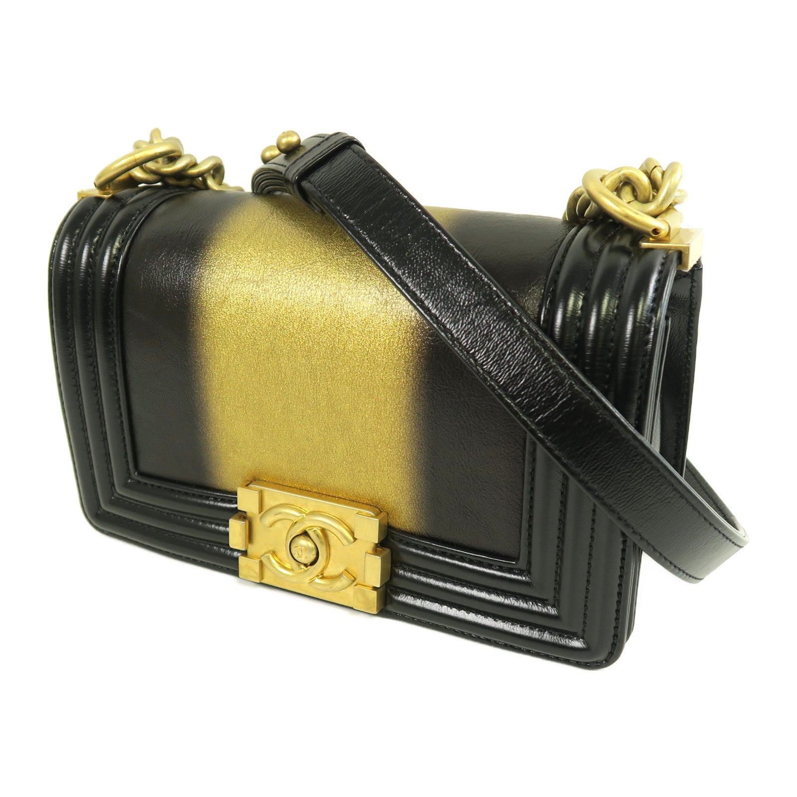 CHANEL 【激減優惠】牛皮皮革Boy Chanel 20cm金扣鏈帶肩背袋黑色/金色
