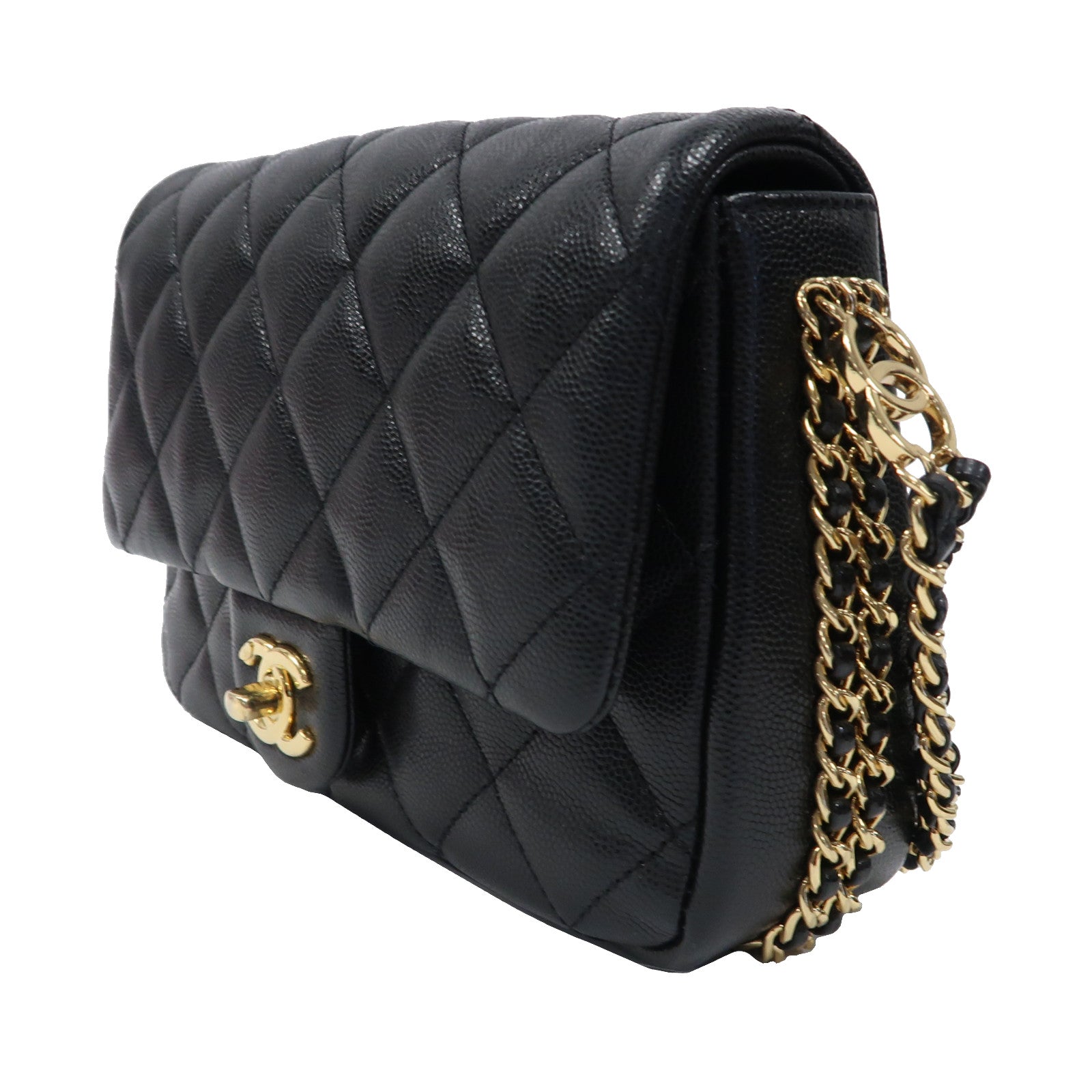 CHANEL 菱格牛皮皮革Mini Flap Bag金扣鏈帶肩背袋黑色