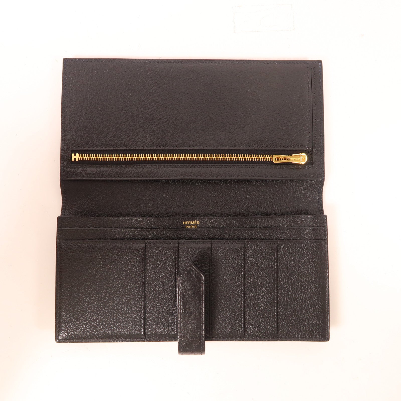 HERMES 鴕鳥皮革Portefeuille Bearn Souffle金扣長錢包Noir黑色