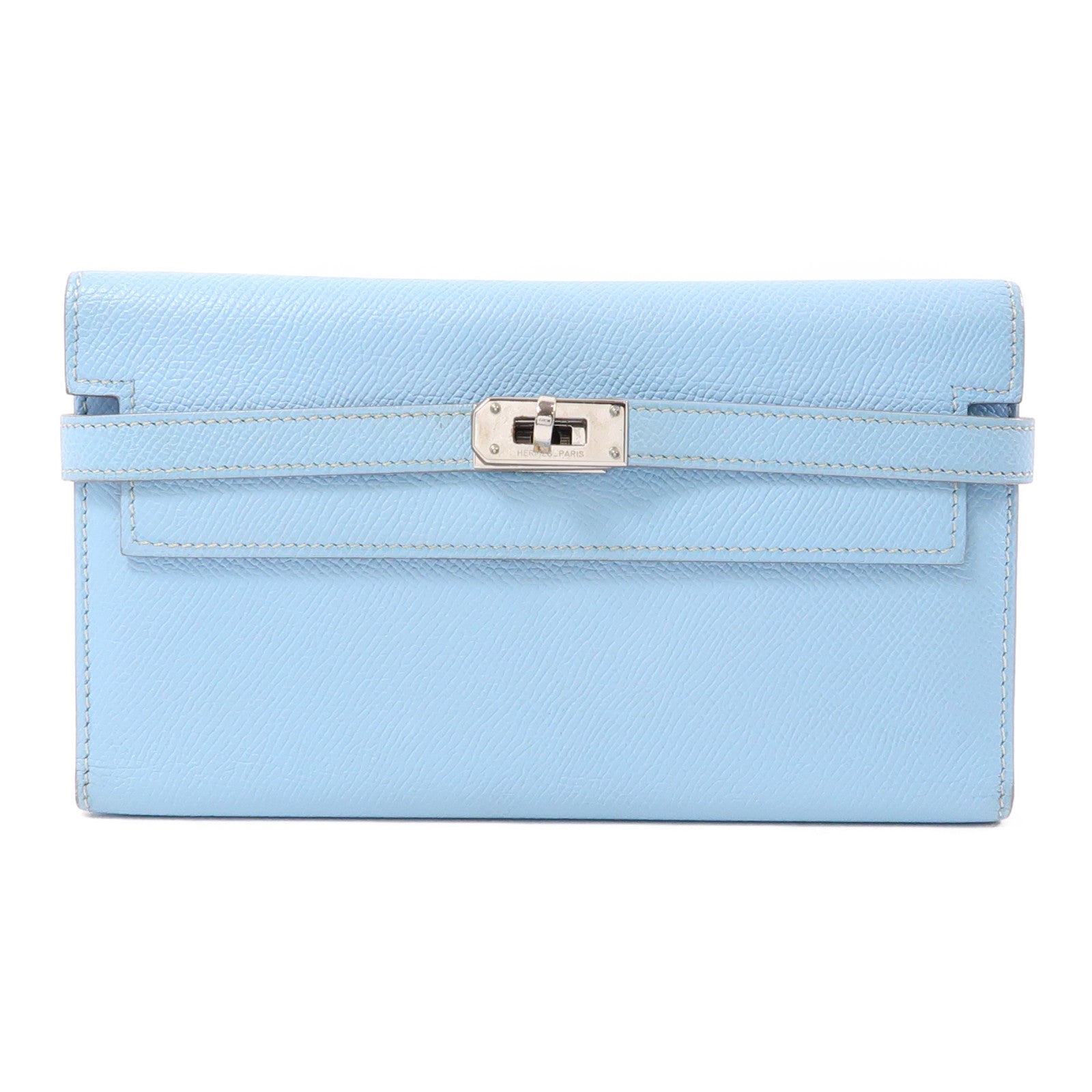 HERMES Epsom皮革Kelly Wallet銀扣長錢包Celeste/淺藍色