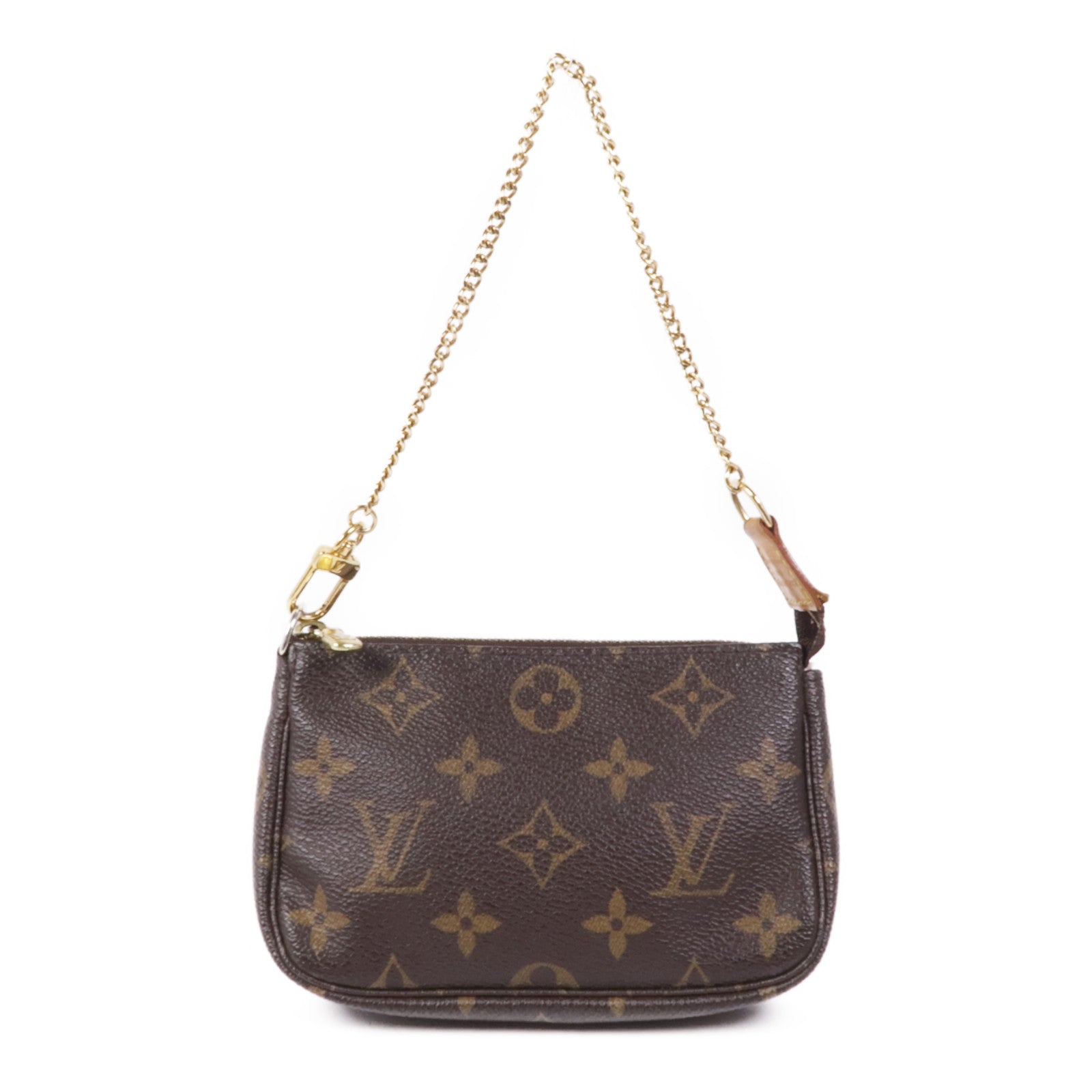 LOUIS VUITTON Monogram Mini Pochette Accessoires金扣手挽袋棕色