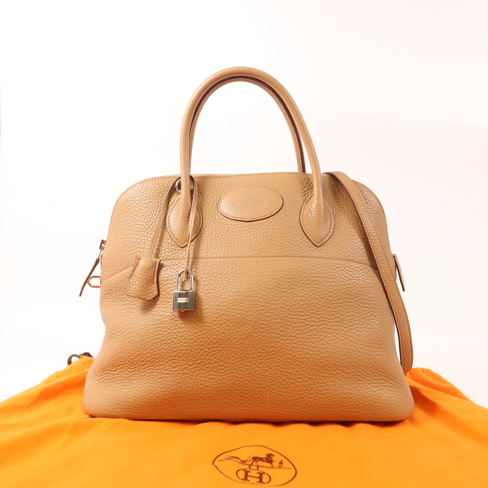 HERMES Clemence皮革Bolide 35銀扣手挽肩背兩用袋Tabac Camel