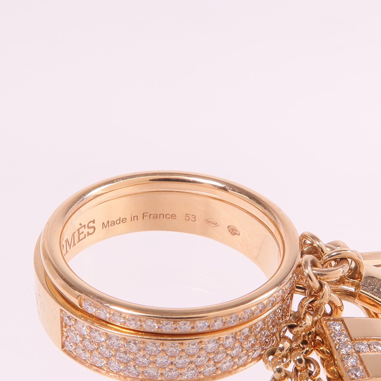 HERMES 18K玫瑰金Kelly Cadenas Double Ring鑽石戒指Hermes#53/US#6.5