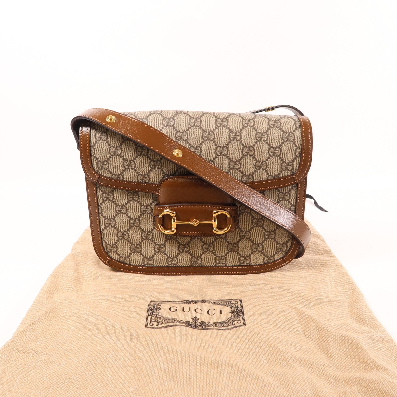 GUCCI 塗層帆布/牛皮皮革Horsebit 1955金扣肩背袋