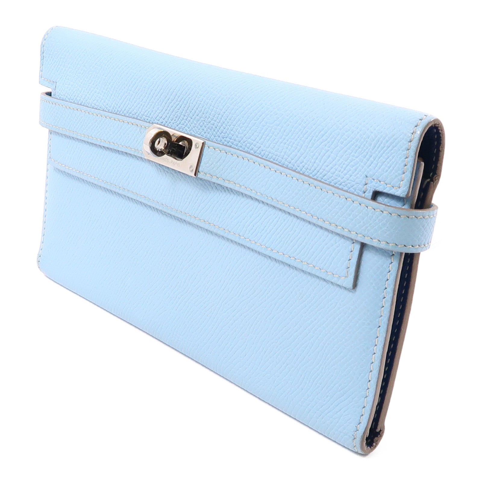 HERMES Epsom皮革Kelly Wallet銀扣長錢包Celeste/淺藍色