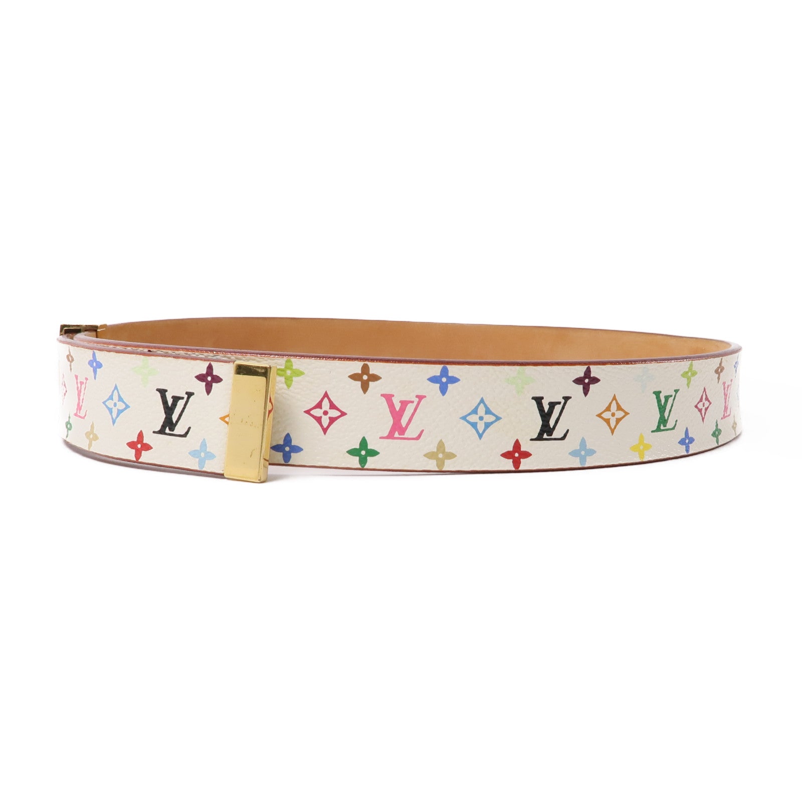 LOUIS VUITTON Monogram Multicolore Belt 70cm金扣皮帶白色
