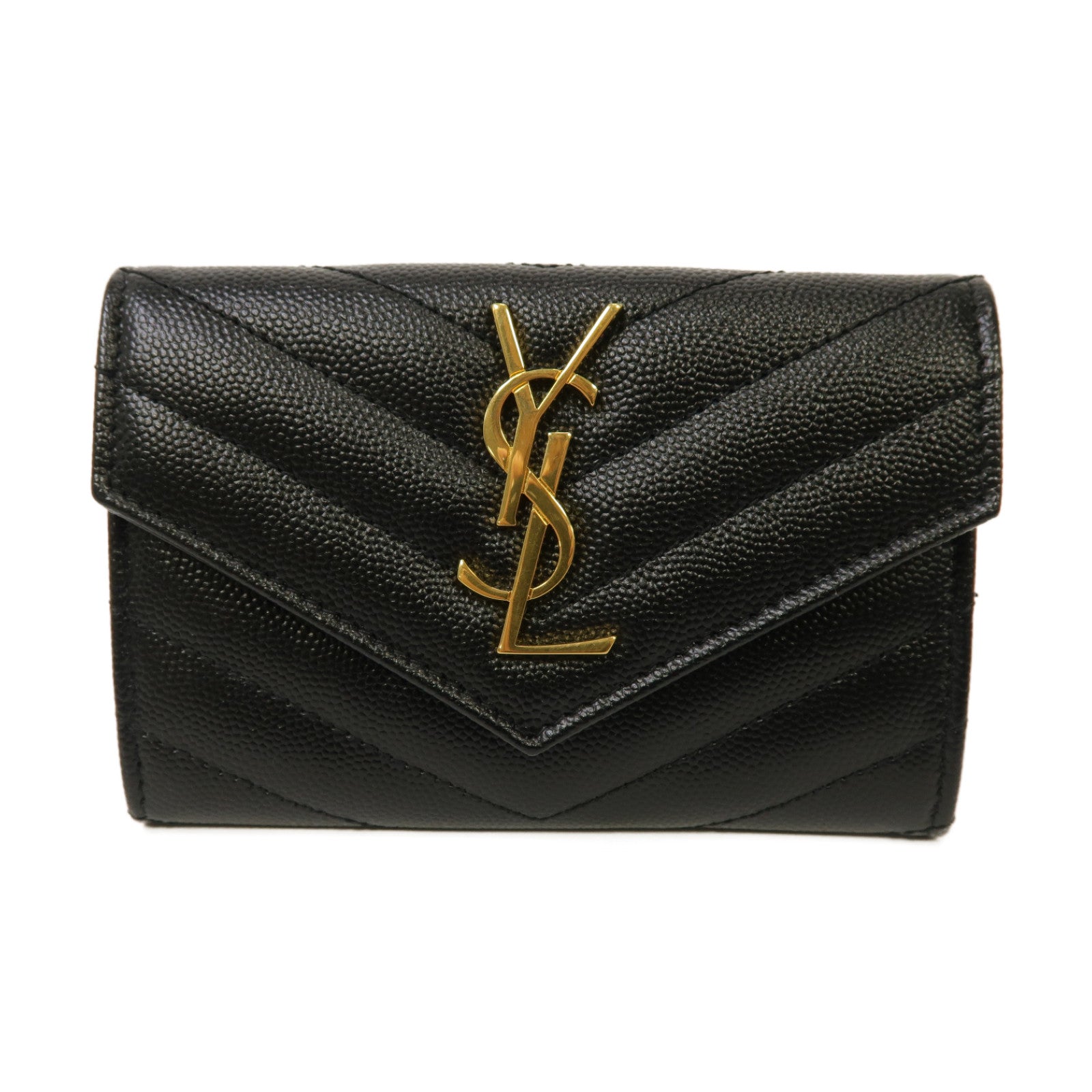 YVES SAINT LAURENT 斜紋牛皮皮革Card Case金扣卡片套黑色