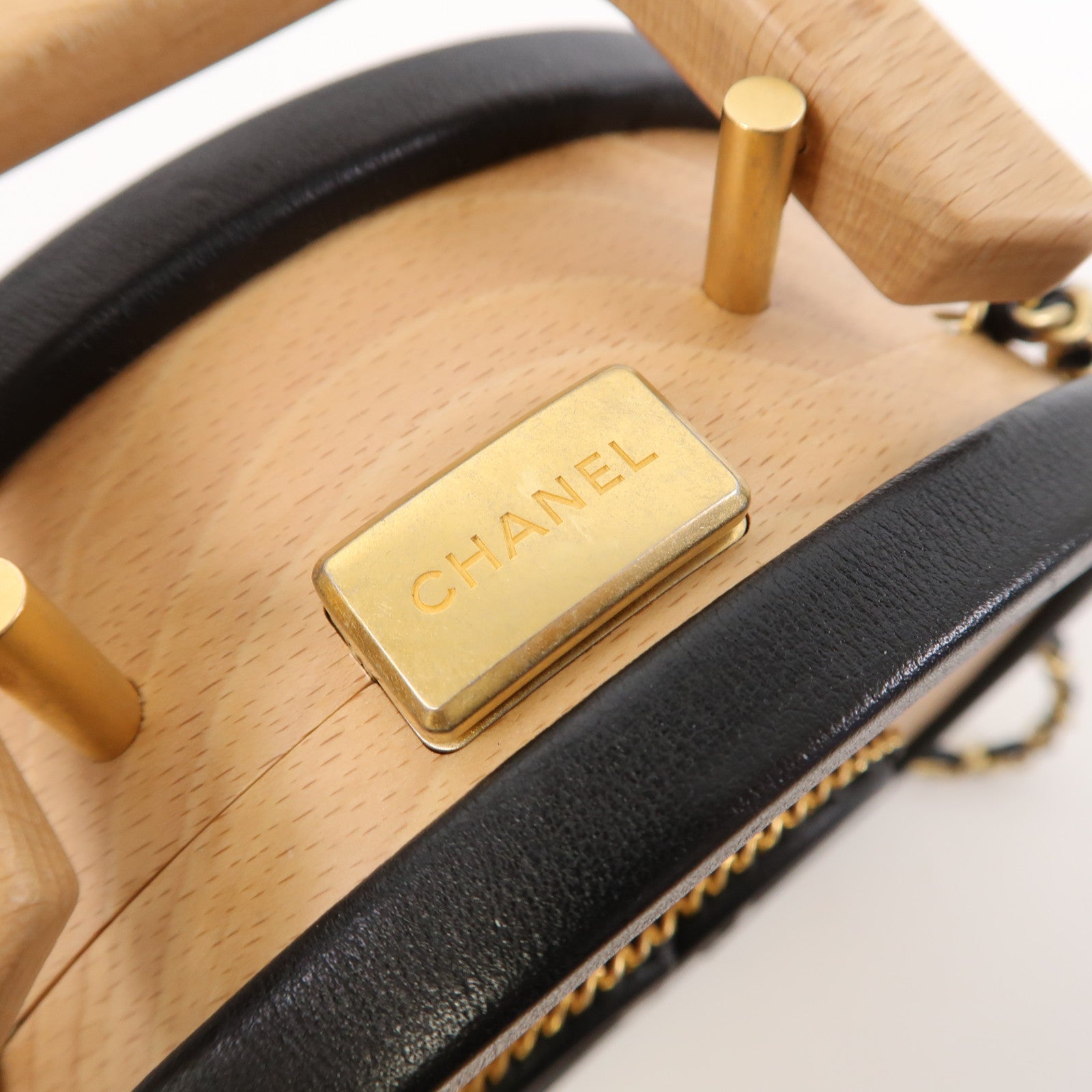 CHANEL 木製/皮革Small Vanity Case金扣手挽肩背兩用袋原木色/黑色